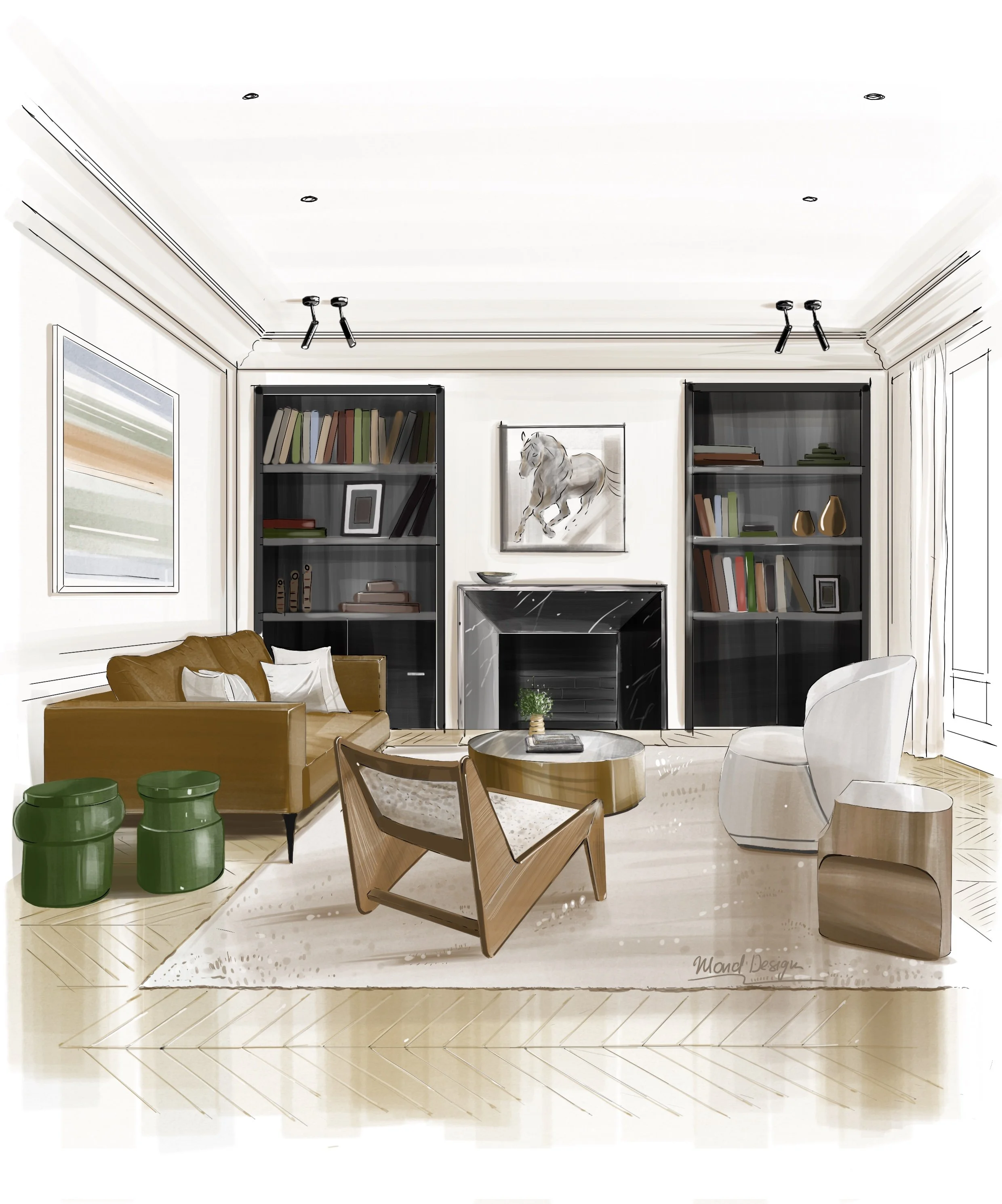 Living room with a brown sofa, white armchair, wooden chair, black bookshelves, fireplace, abstract art, and a picture of a horse.  Our project in Richmond.