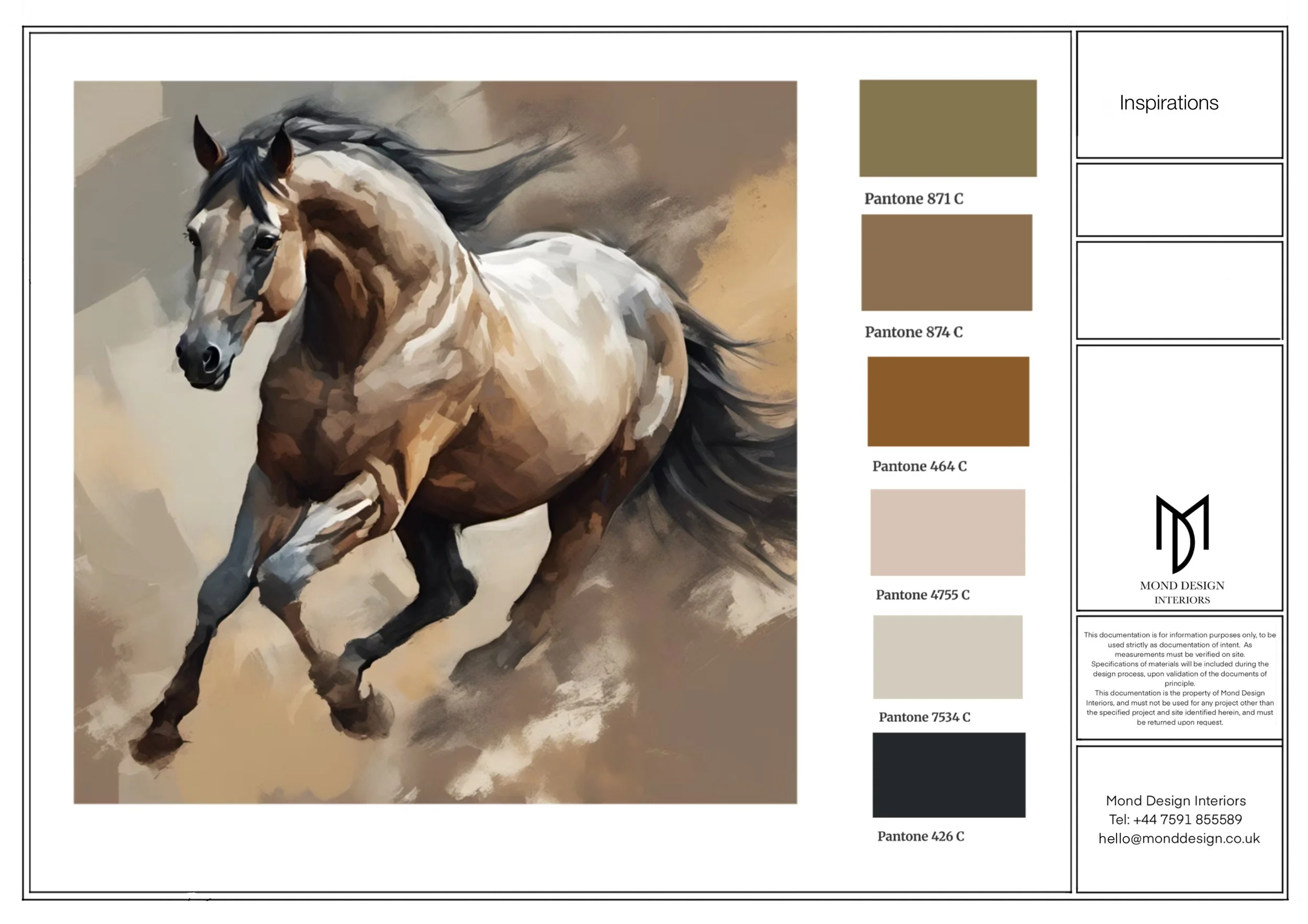 Interior design mood board with equestrian painting and Pantone colour palette for Cobham living room