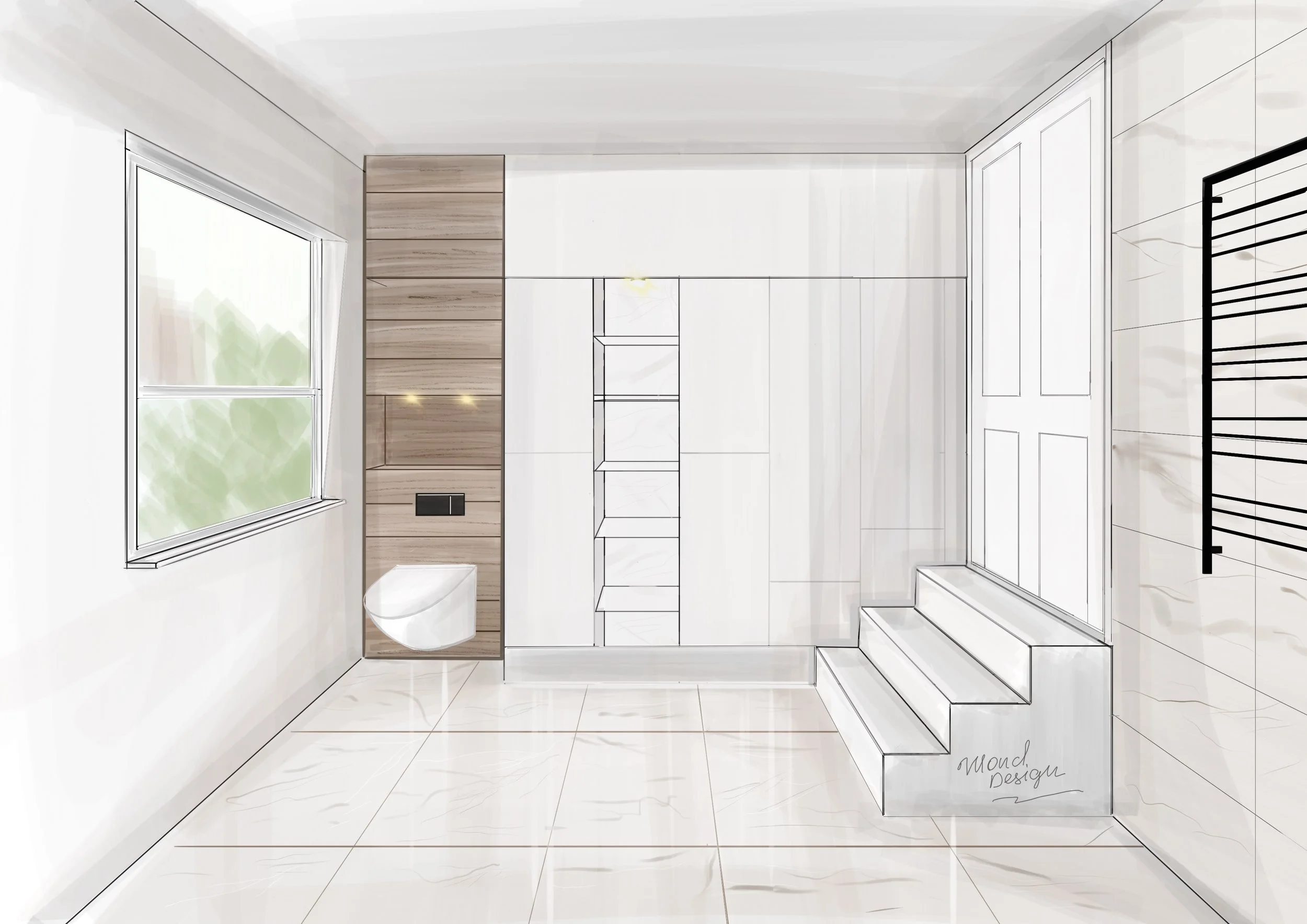 Modern bathroom interior design sketch featuring a wall-mounted toilet, large window, tiled floor, wooden paneling, and built-in shelving. Created by a South West London interior designer, specialising in contemporary bathroom layouts, bespoke home i