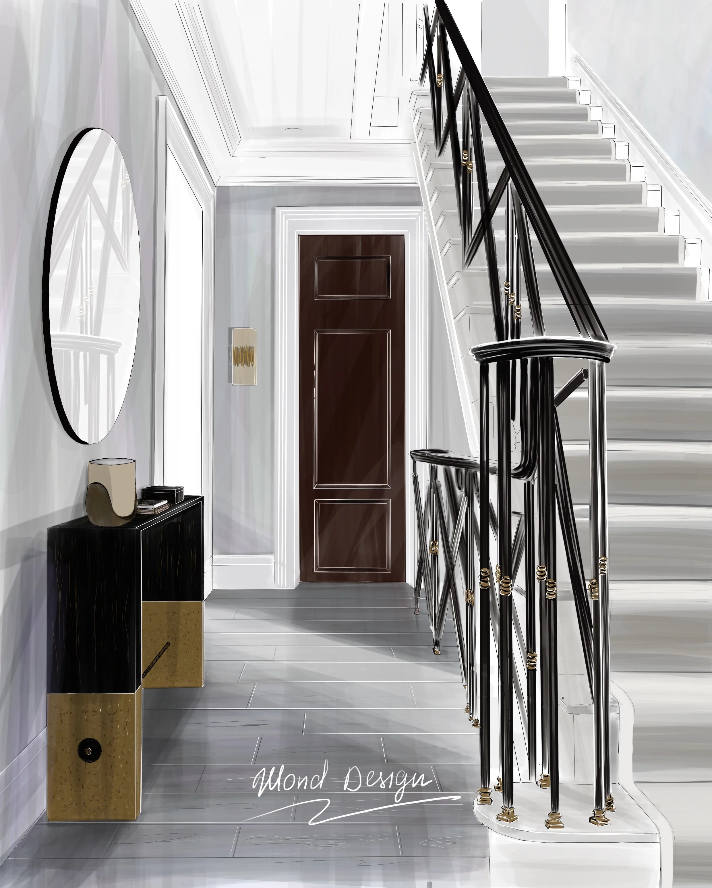 Modern hallway interior design sketch featuring a staircase with a dark handrail, an entryway table with décor items, a round wall mirror, and a brown door. Created by a South West London interior designer, specialising in contemporary hallway and en