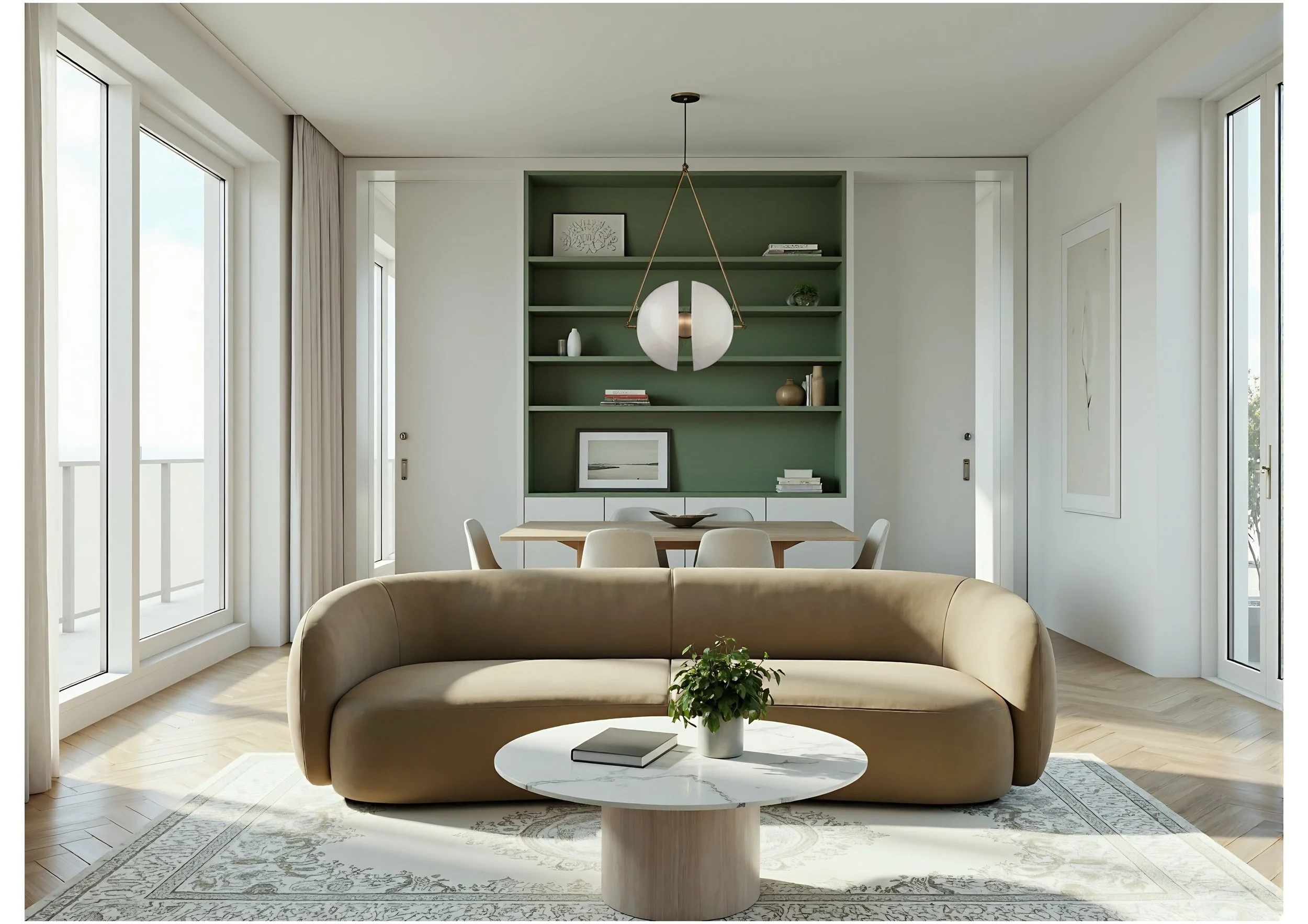 Battersea contemporary living room interior with modern furniture and stylish accents.

