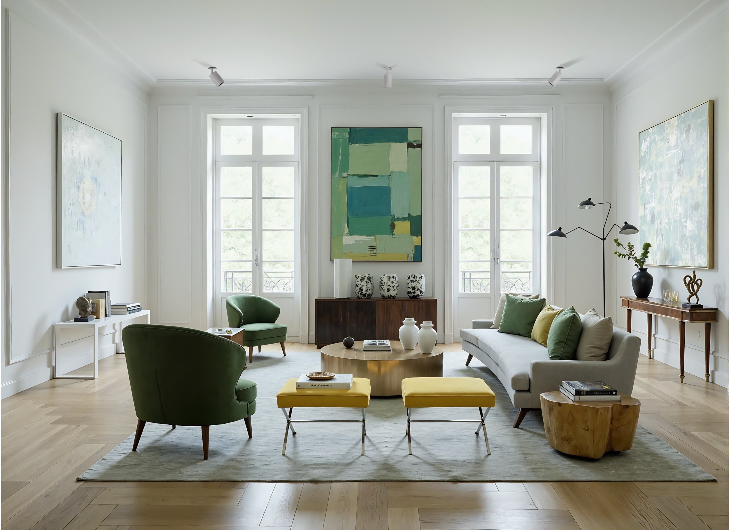 Luxury living room interior design in Kensington by Mond Design Interiors with green and yellow furniture and abstract artwork.
