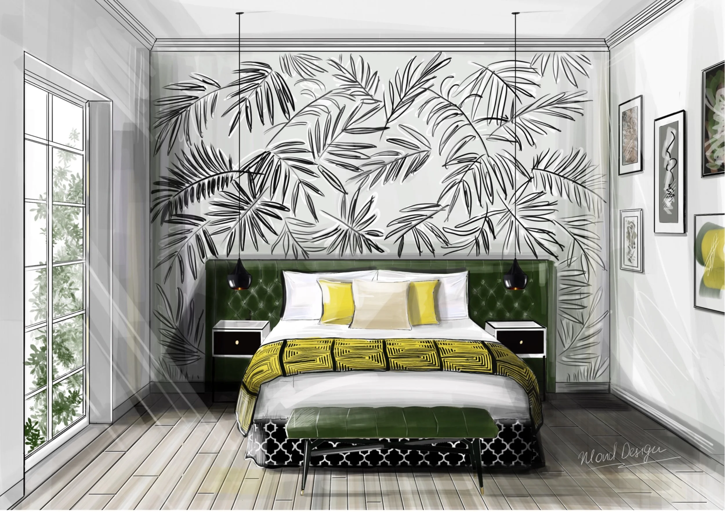 Modern bedroom interior design featuring tropical leaf wallpaper, green tufted headboard, white linens and yellow accents. Designed by an interior designer based in Wimbledon, South West London, offering bespoke contemporary home design across London