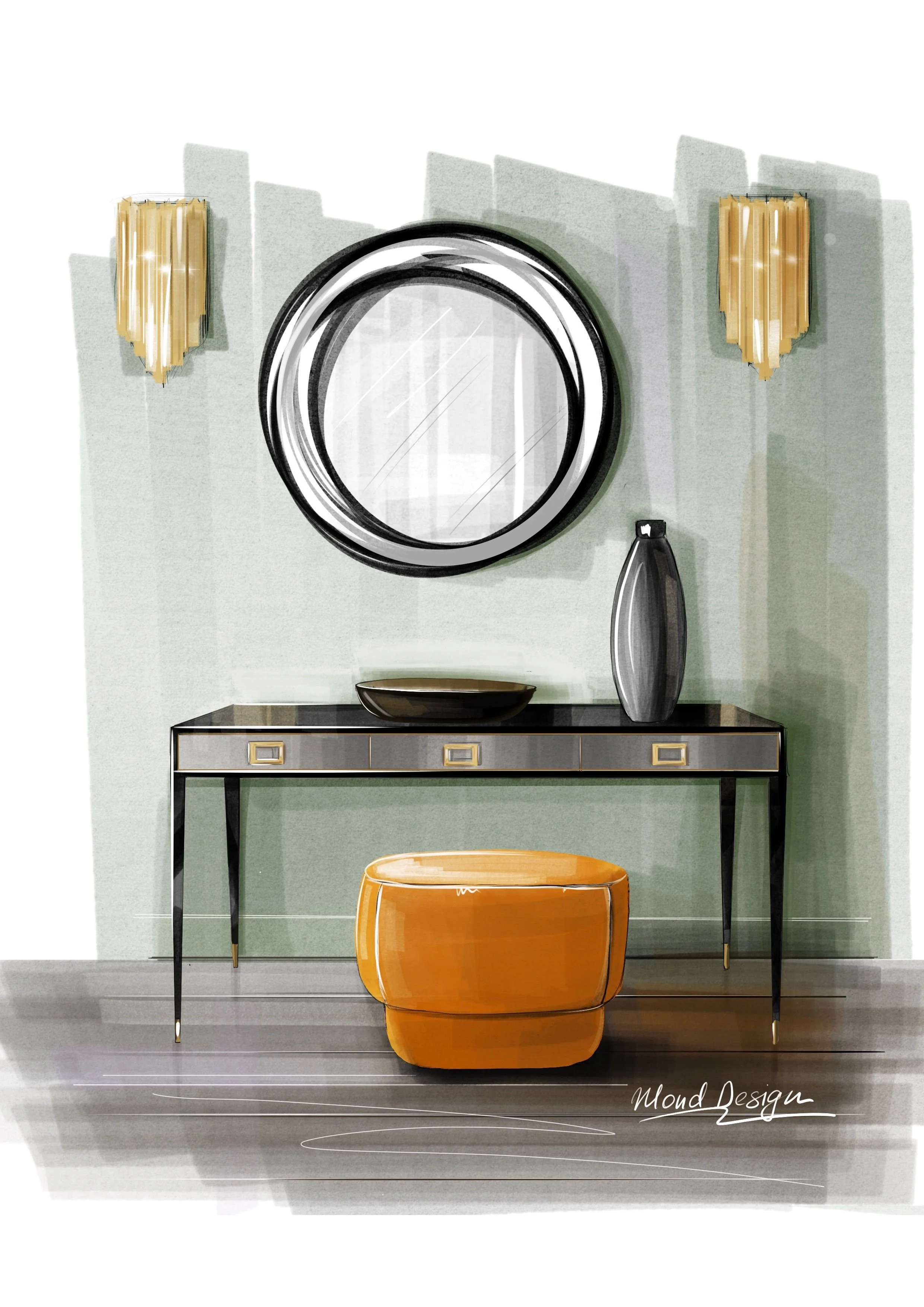 Interior design sketch featuring a console table with a circular mirror above, illuminated by two wall sconces, and styled with a decorative vase, bowl, and an orange ottoman. Designed by a South West London interior designer, specialising in contemp