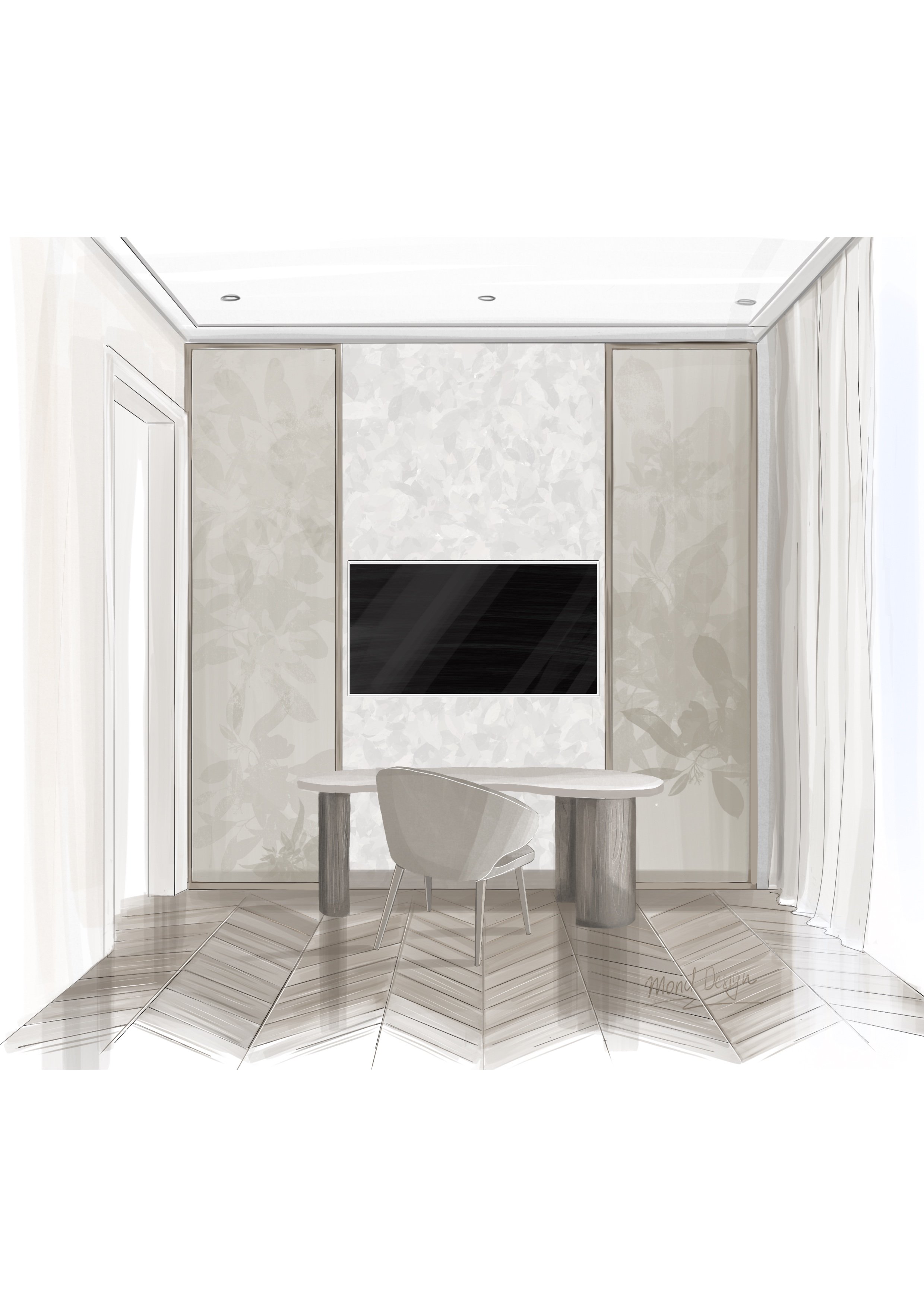 Minimalist room interior design with a flat-screen TV, modern table and chair against a decorative feature wall. Designed by a South West London interior designer, offering contemporary room design services for clients in Wimbledon and across London.