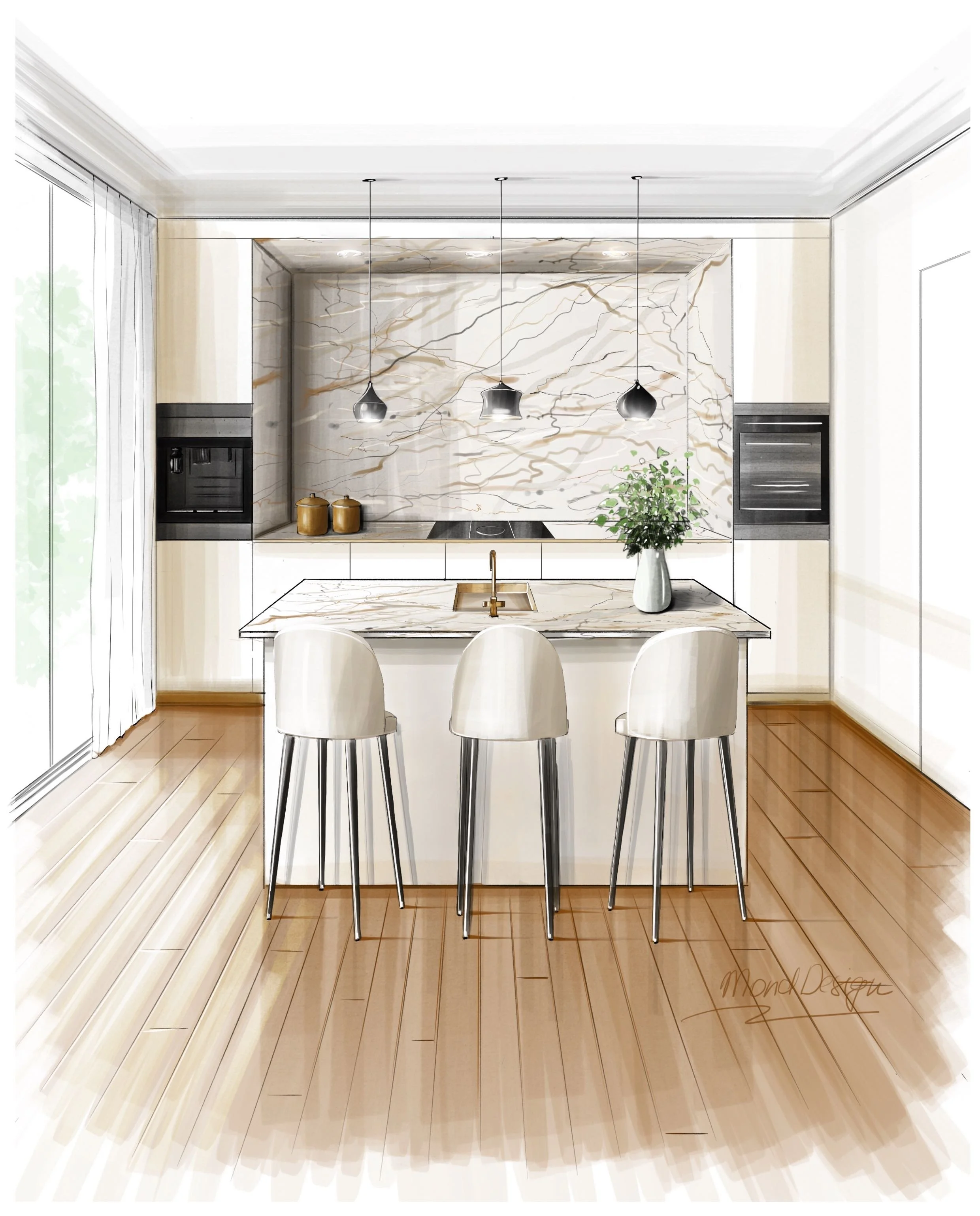 Battersea kitchen concept sketch, marble splashback and island by Mond Design Interiors