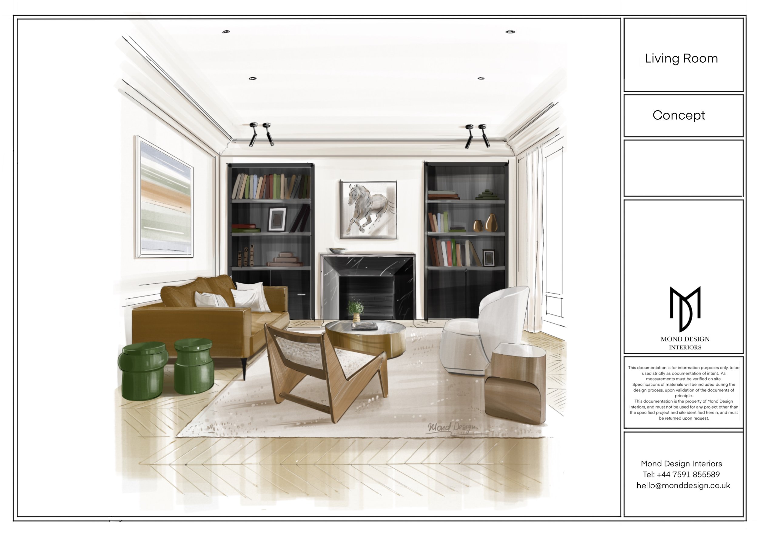 Interior design concept render of a Cobham living room with bespoke joinery and fireplace