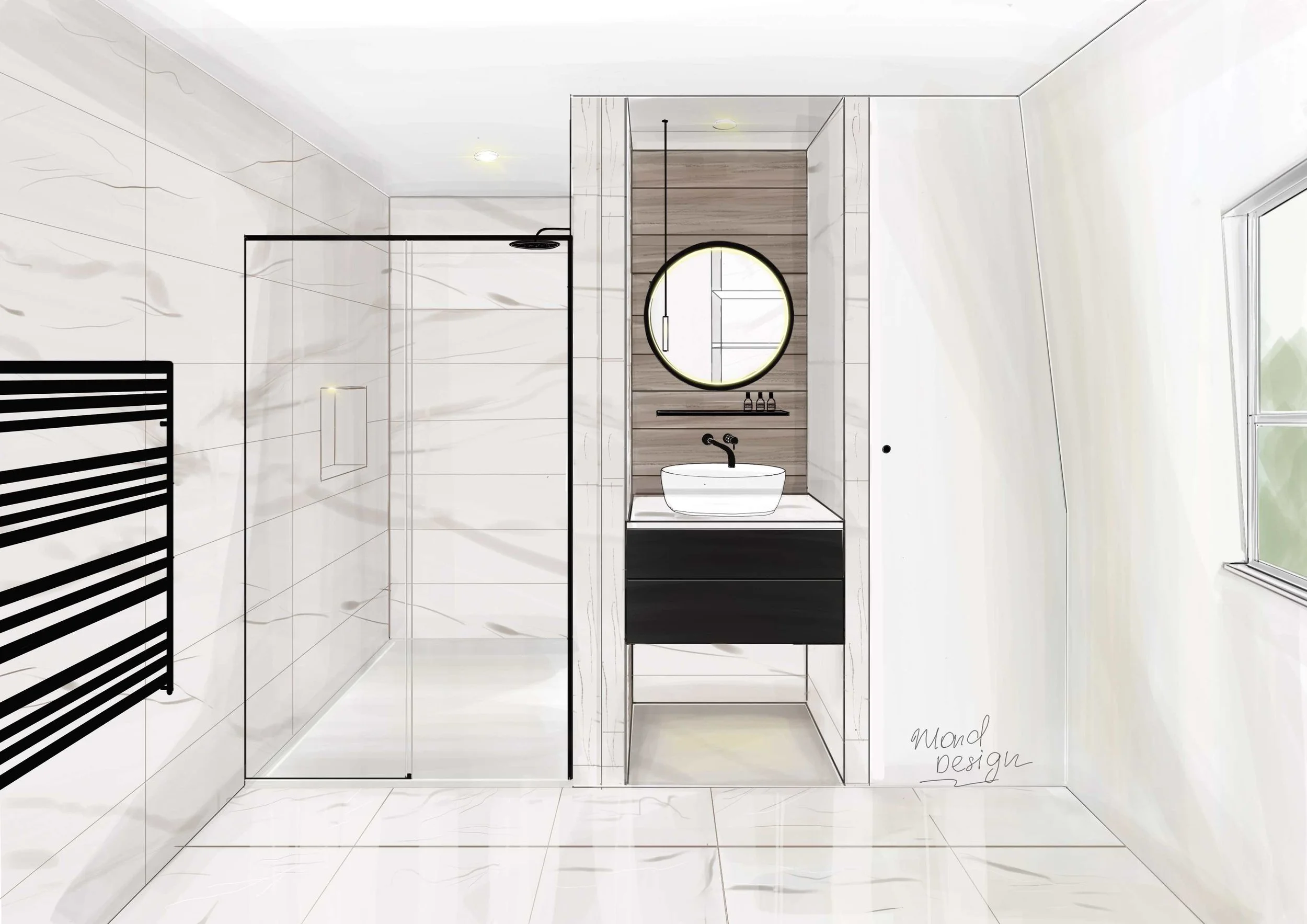 Wimbledon modern bathroom interior with walk-in shower and marble finishes by Mond Design Interiors