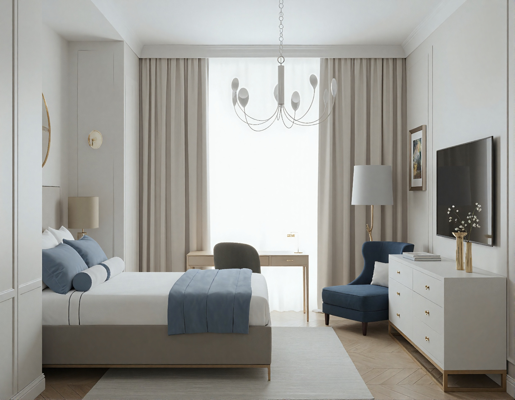 Kensington bedroom interior with elegant decor and bespoke furnishings.
