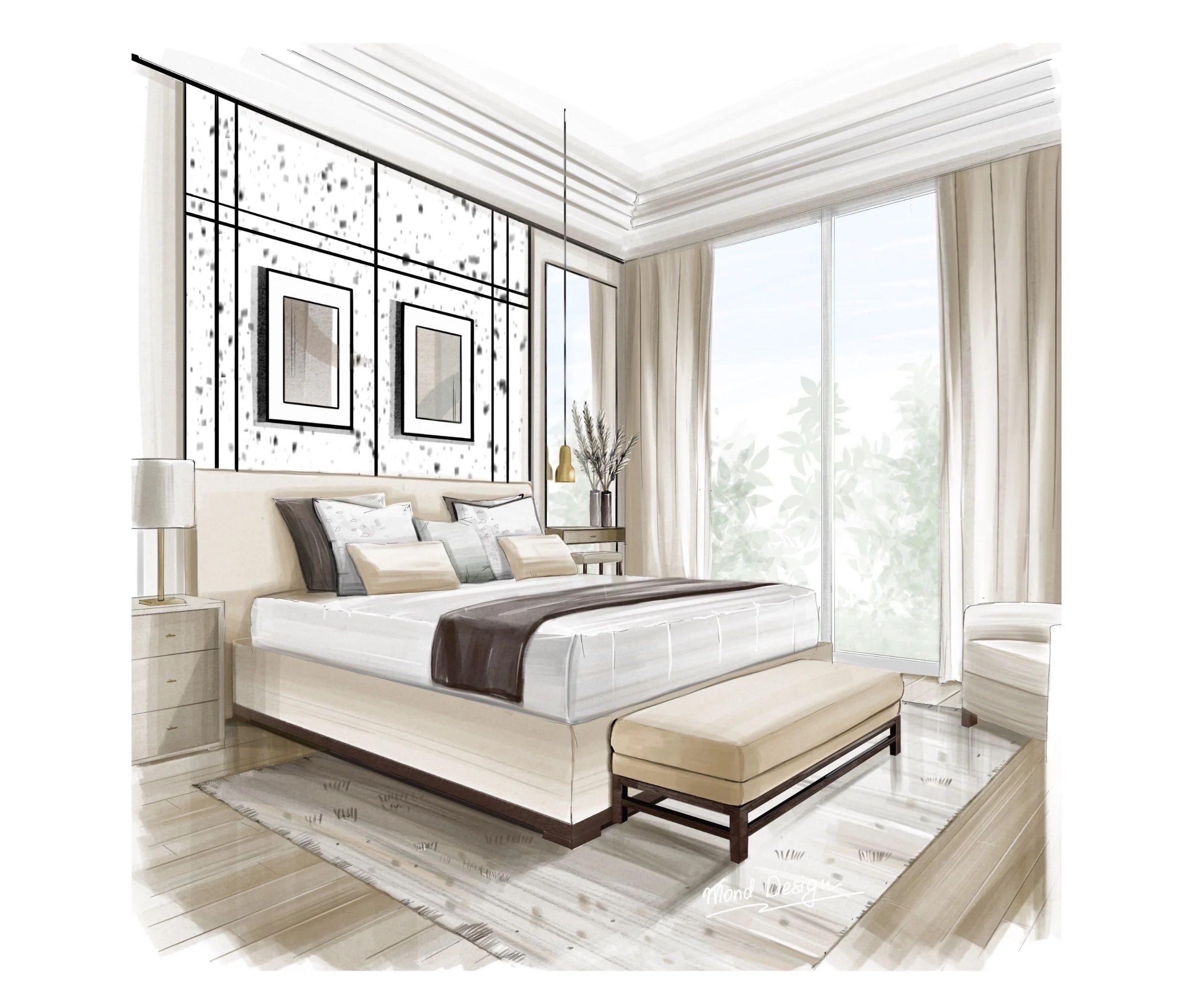 Battersea bedroom concept sketch, panelled feature wall by Mond Design Interiors