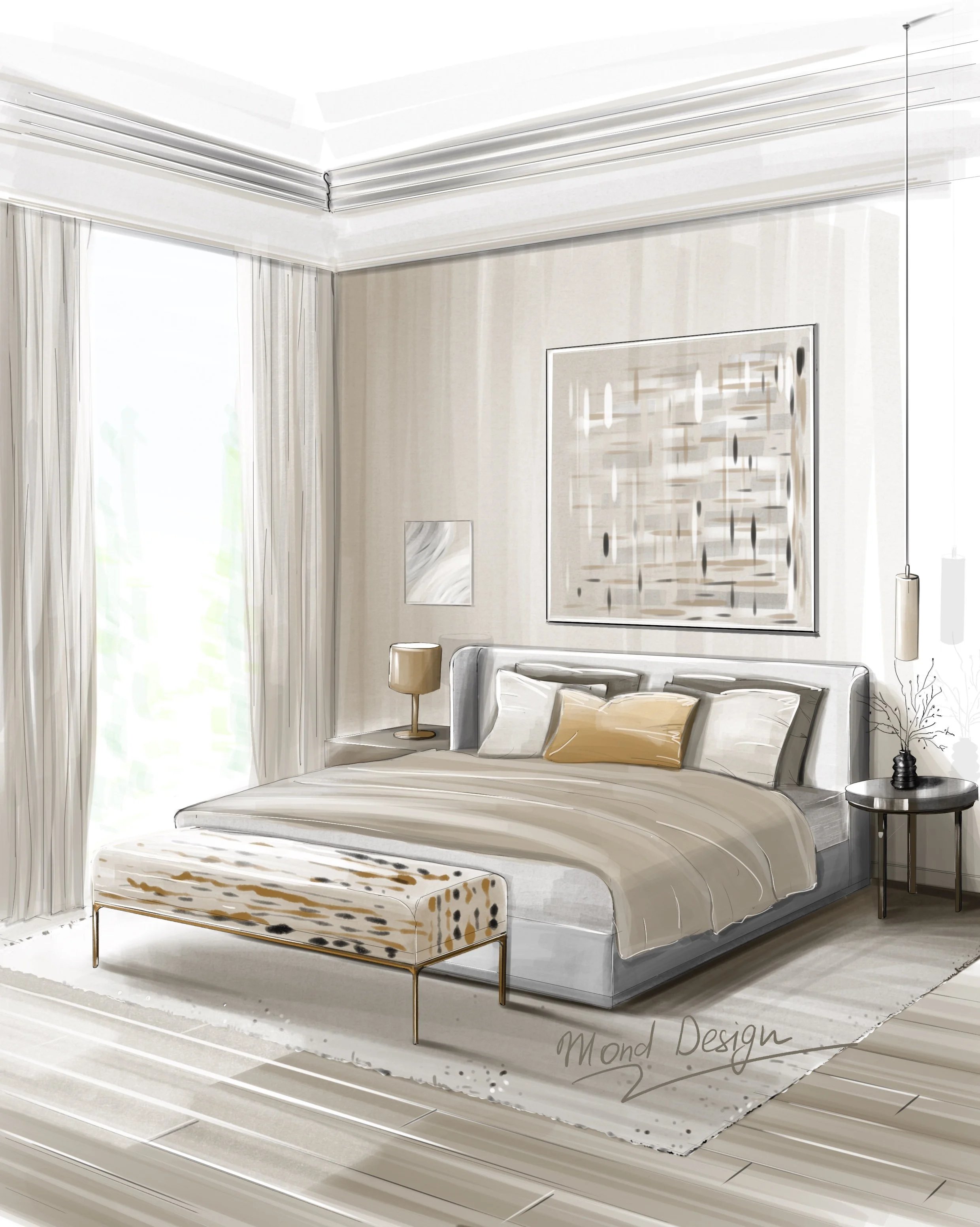 Modern bedroom interior design sketch featuring a bed with beige bedding, abstract wall art, and a decorative bench at the foot of the bed. The room includes a side table with a lamp, floor-to-ceiling curtains, and wooden flooring. The space is desig