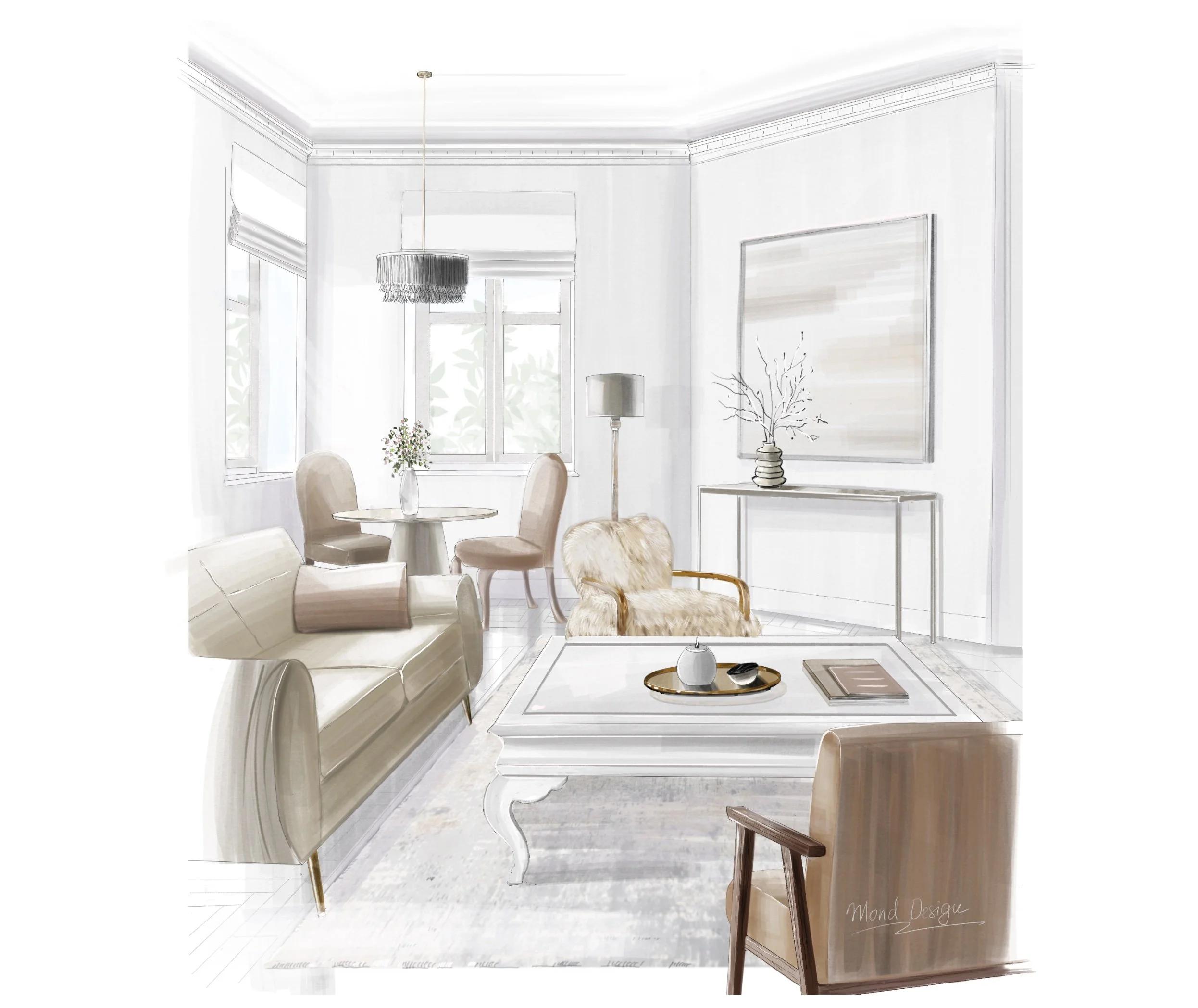 A design concept for our Putney project featuring a cosy dining area with white walls and large windows. There is a round dining table with four beige chairs, a floor lamp, decorative vases, and a large abstract painting on the wall.