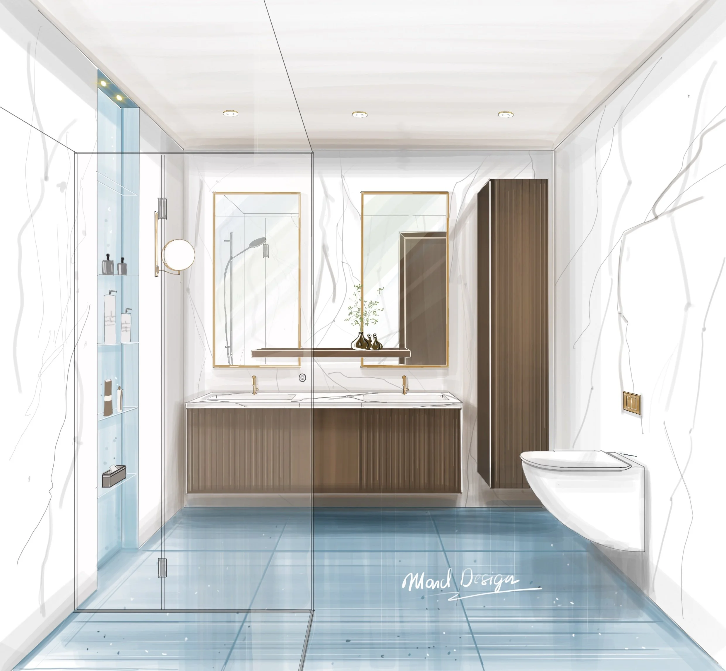 Modern bathroom interior featuring a glass shower enclosure, double sinks, mirrors, and wood cabinetry. Designed by a South West London interior designer, specialising in contemporary bathroom design, bespoke home interiors, and stylish renovations f