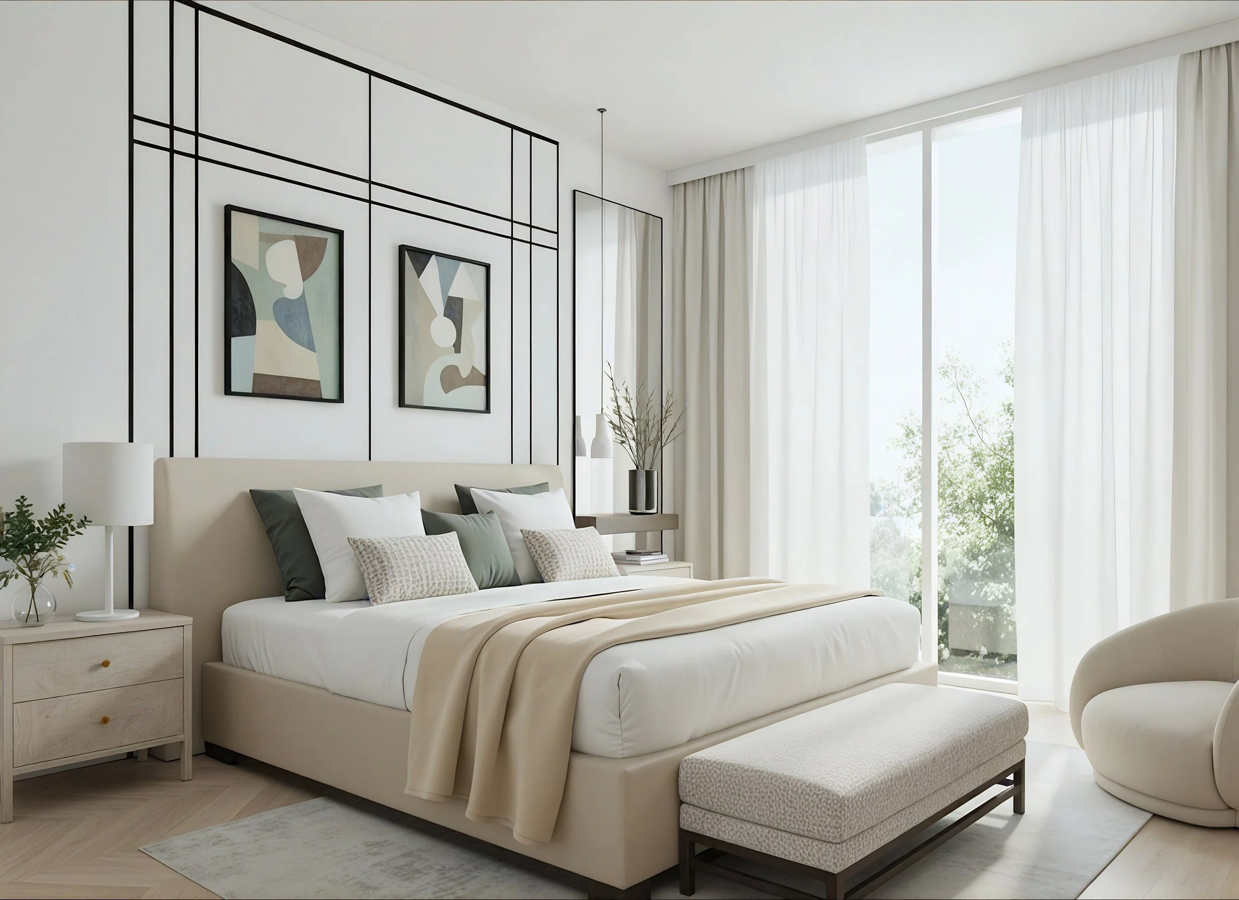 Contemporary bedroom in Battersea featuring soft beige tones, a comfortable bed, and stylish furniture. A calming and elegant space combining modern design with a warm, inviting atmosphere.