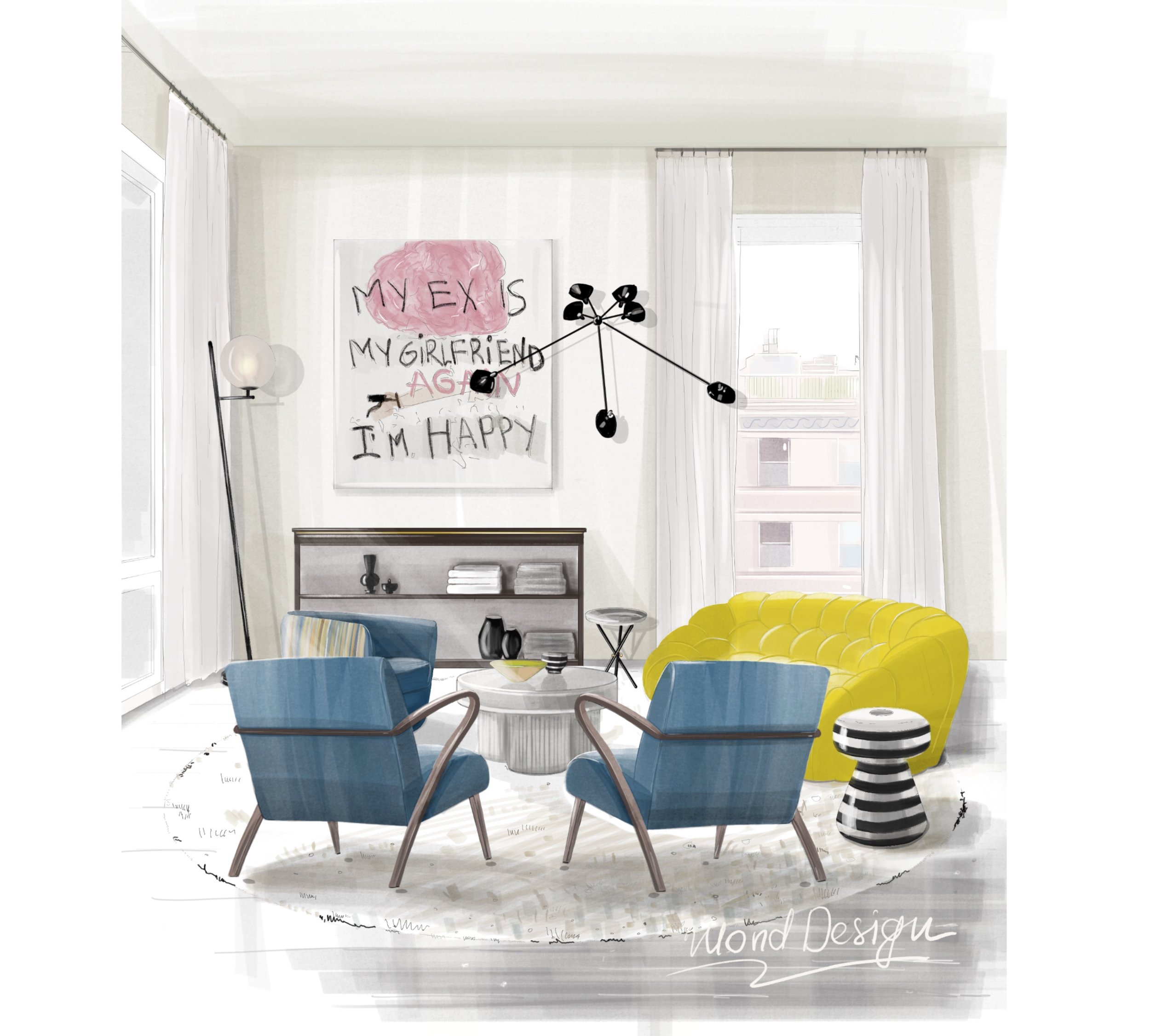 Modern living room interior design with blue accent chairs, a yellow sofa, abstract wall art and contemporary décor. Created by an interior designer based in South West London, offering stylish living room design services for clients in Richmond and 