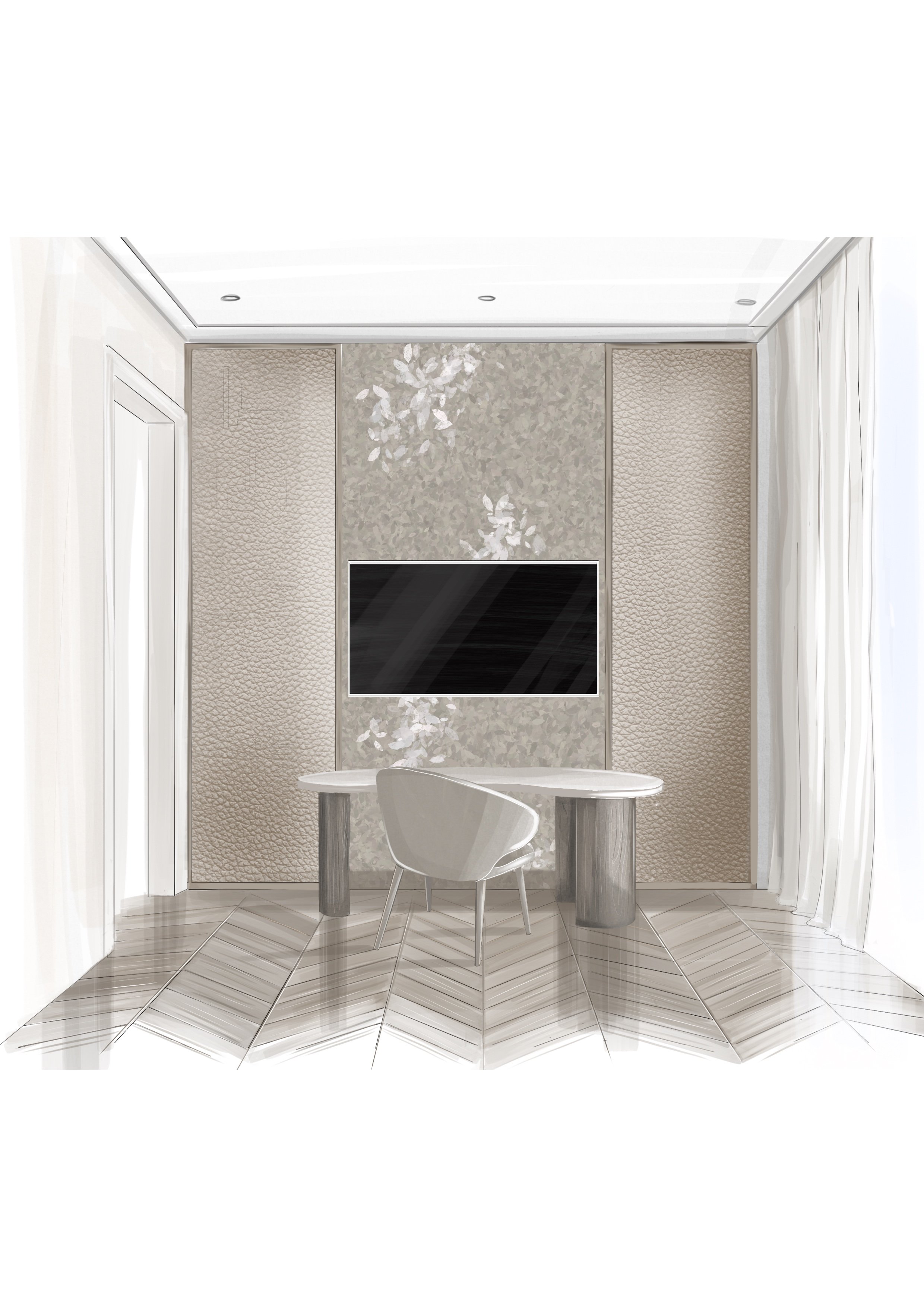 “Minimalist office interior design with a modern chair, oval desk and textured walls. Created by a South West London interior designer, specialising in contemporary home office design for clients in Wimbledon and across London.”