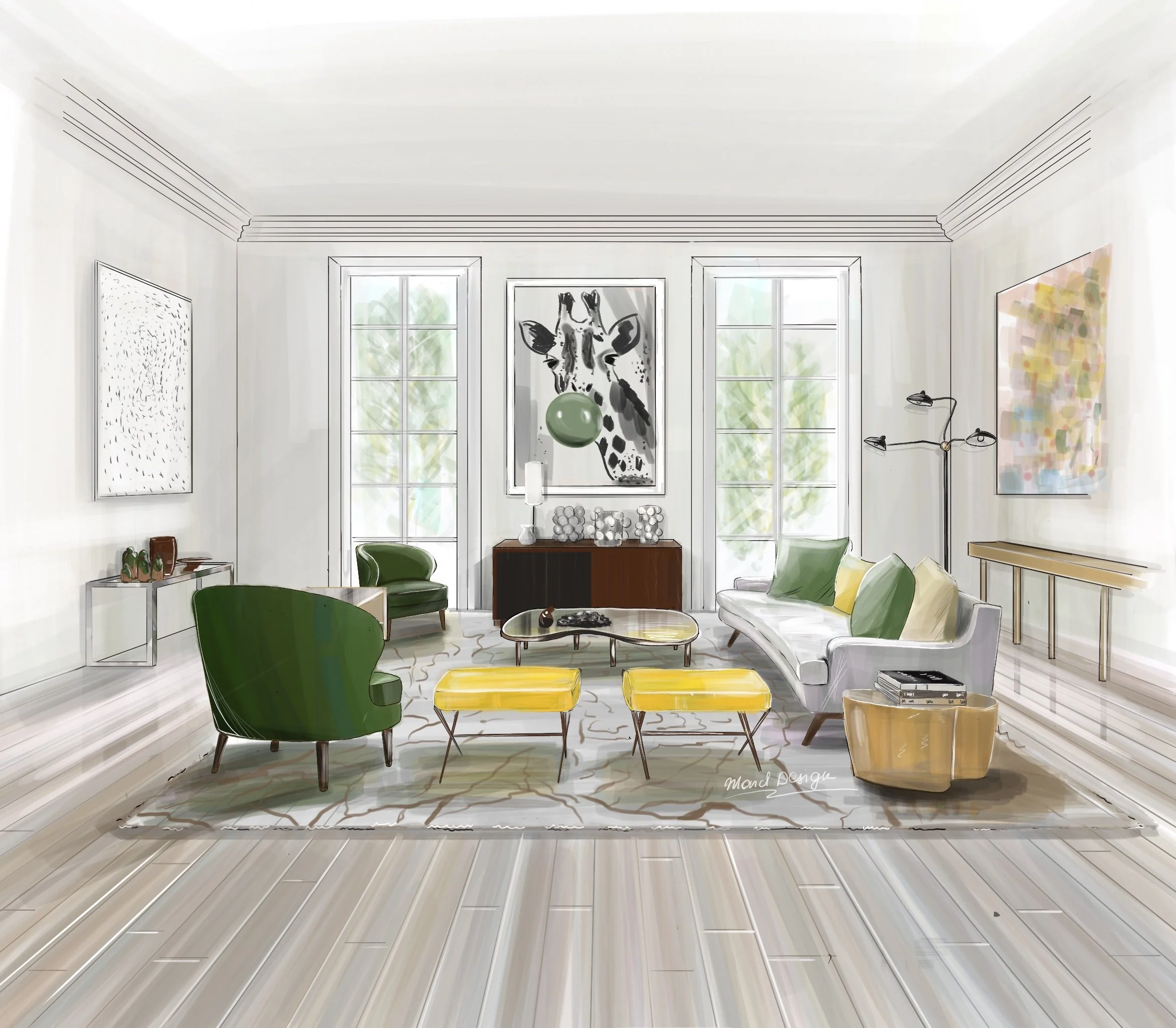 Kensington living room concept sketch, interior design by Mond Design Interiors