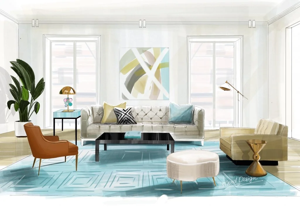 Modern living room interior design sketch featuring a beige sofa with blue accent cushions and abstract wall art. Designed by a South West London interior designer, specialising in contemporary living room redesigns, modern home styling, and bespoke 