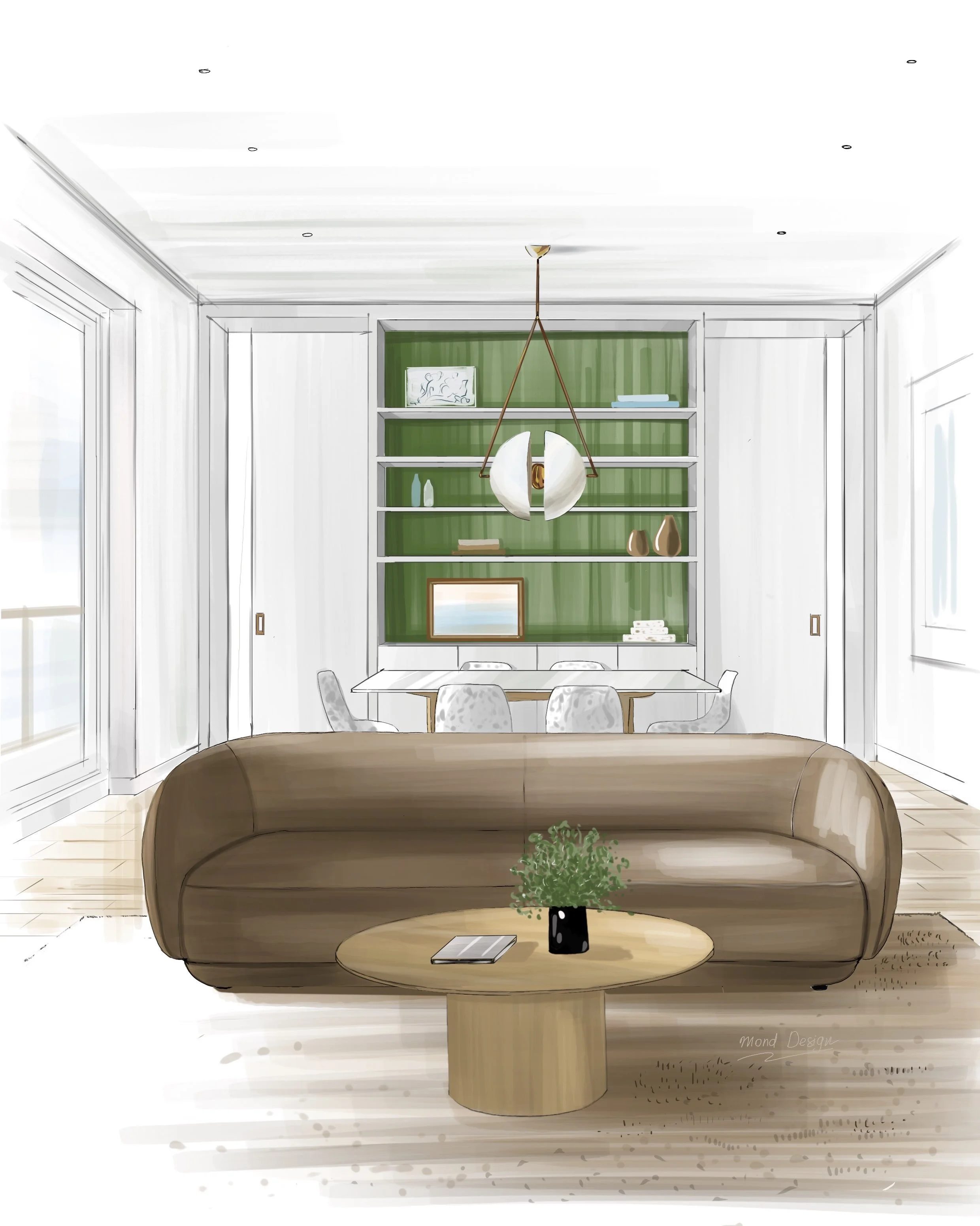 Battersea living room concept sketch, green built-in shelving by Mond Design Interiors