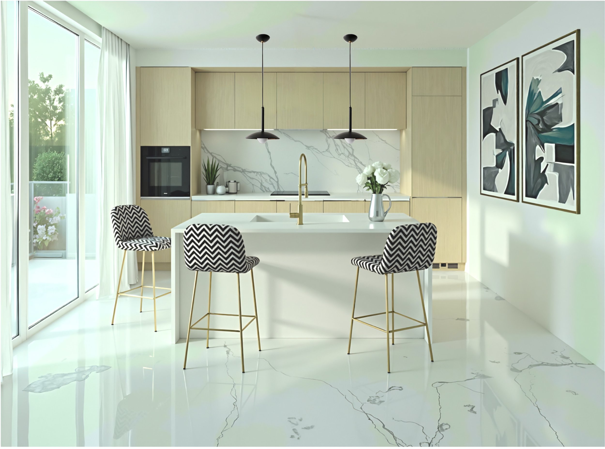 Battersea apartment kitchen with modern cabinetry and island.  