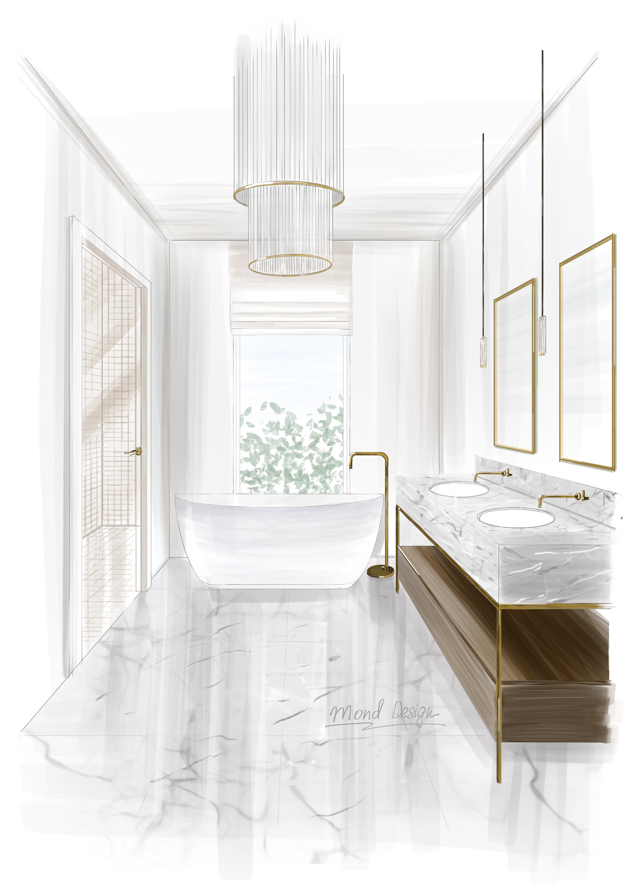 Modern bathroom interior design featuring a freestanding bathtub, marble double vanity with gold fixtures, and a large window with a view of trees. Designed by a South West London interior designer, specialising in contemporary bathroom design, bespo