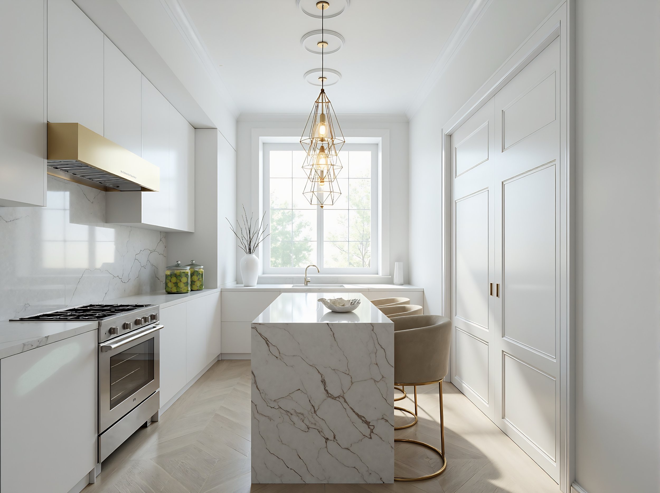 Bright, modern kitchen with white cabinets, marble island, and large window with a view of trees outside. Features include a hanging light fixture, a stove, and decorative jars with limes.