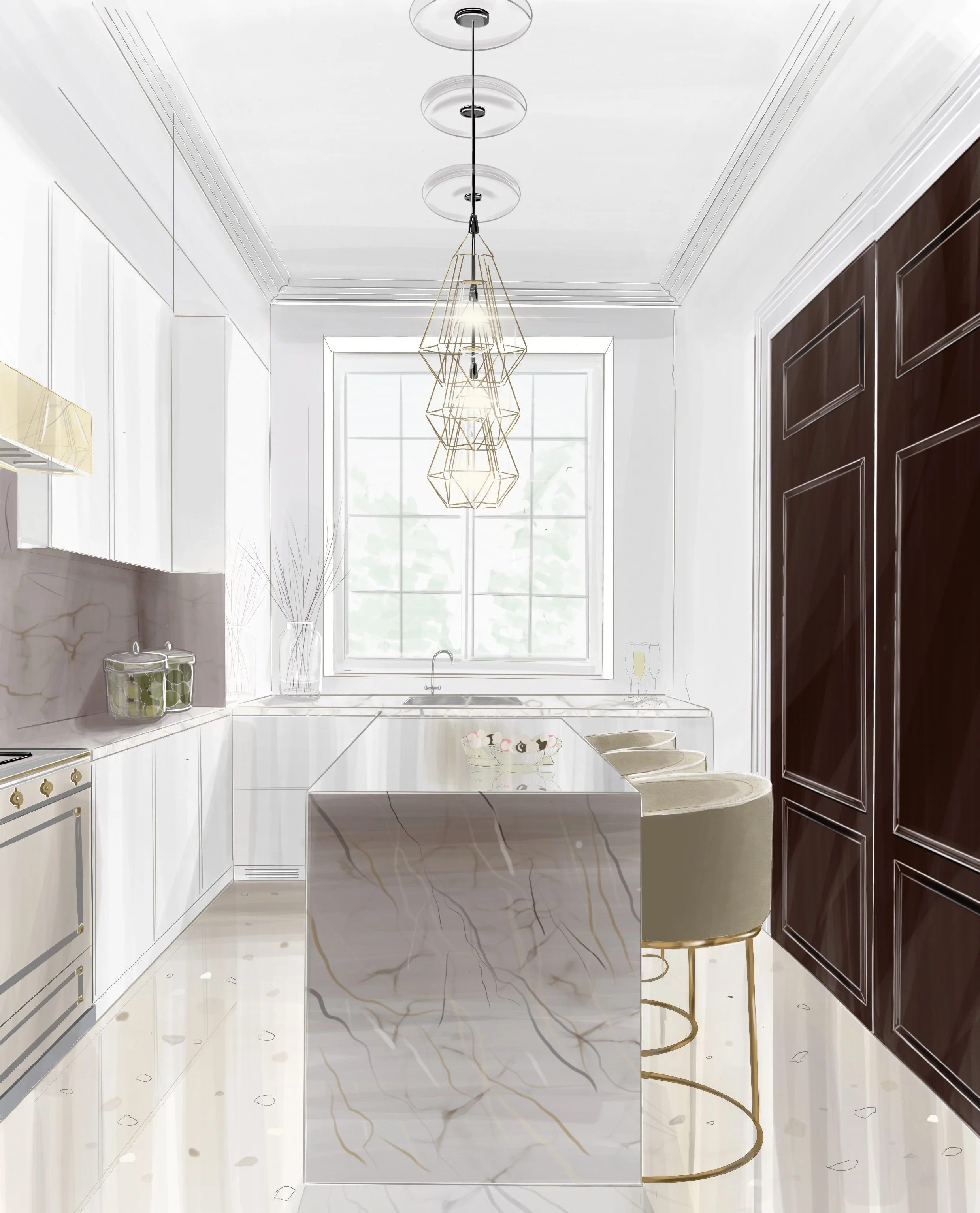 Modern kitchen interior design featuring white cabinets, a marble island, bar stools, geometric pendant lighting, and a large window with a view. Designed by a South West London interior designer, specialising in contemporary kitchen design, bespoke 