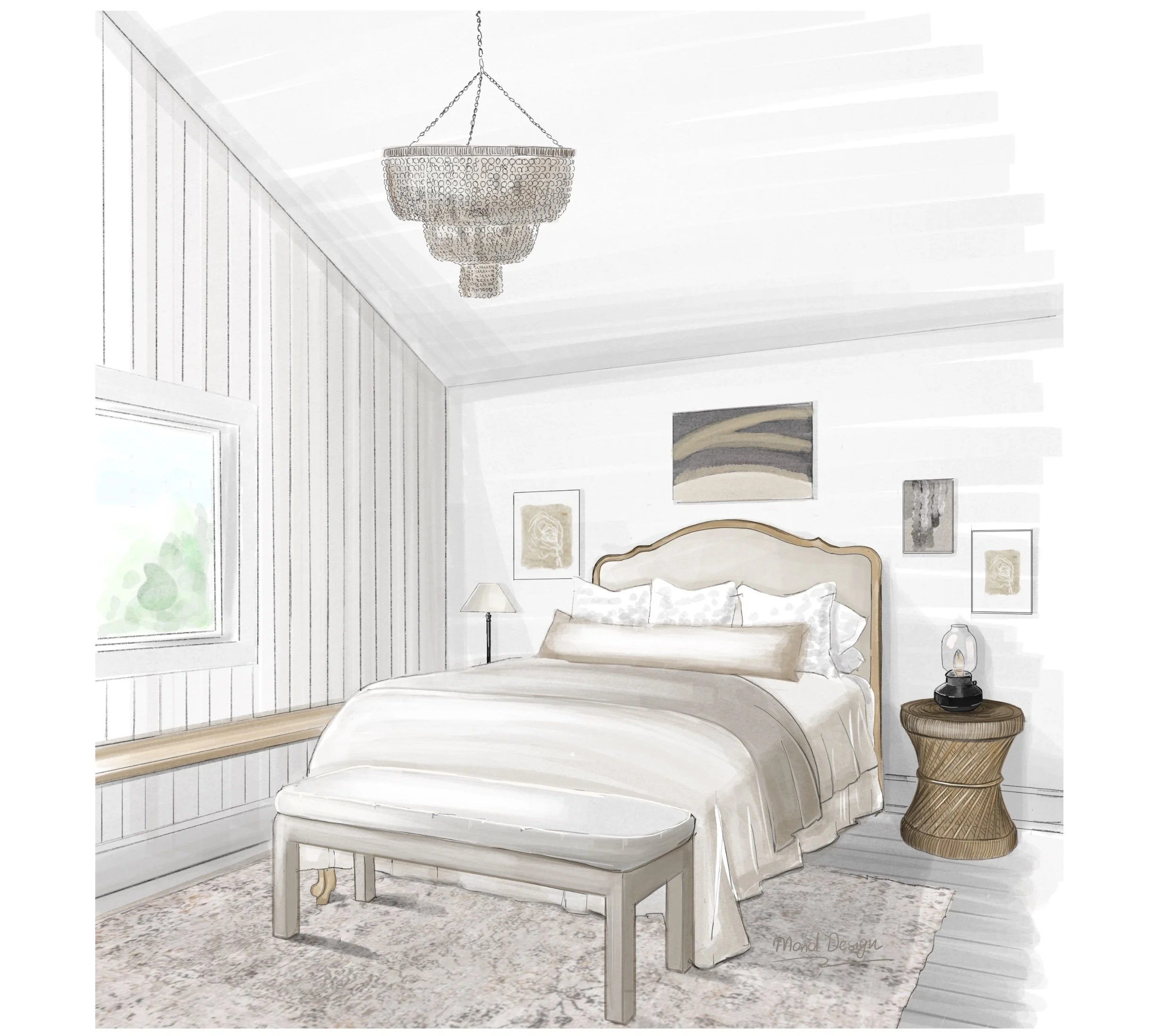 Interior design concept render of Putney bedroom with statement beaded chandelier