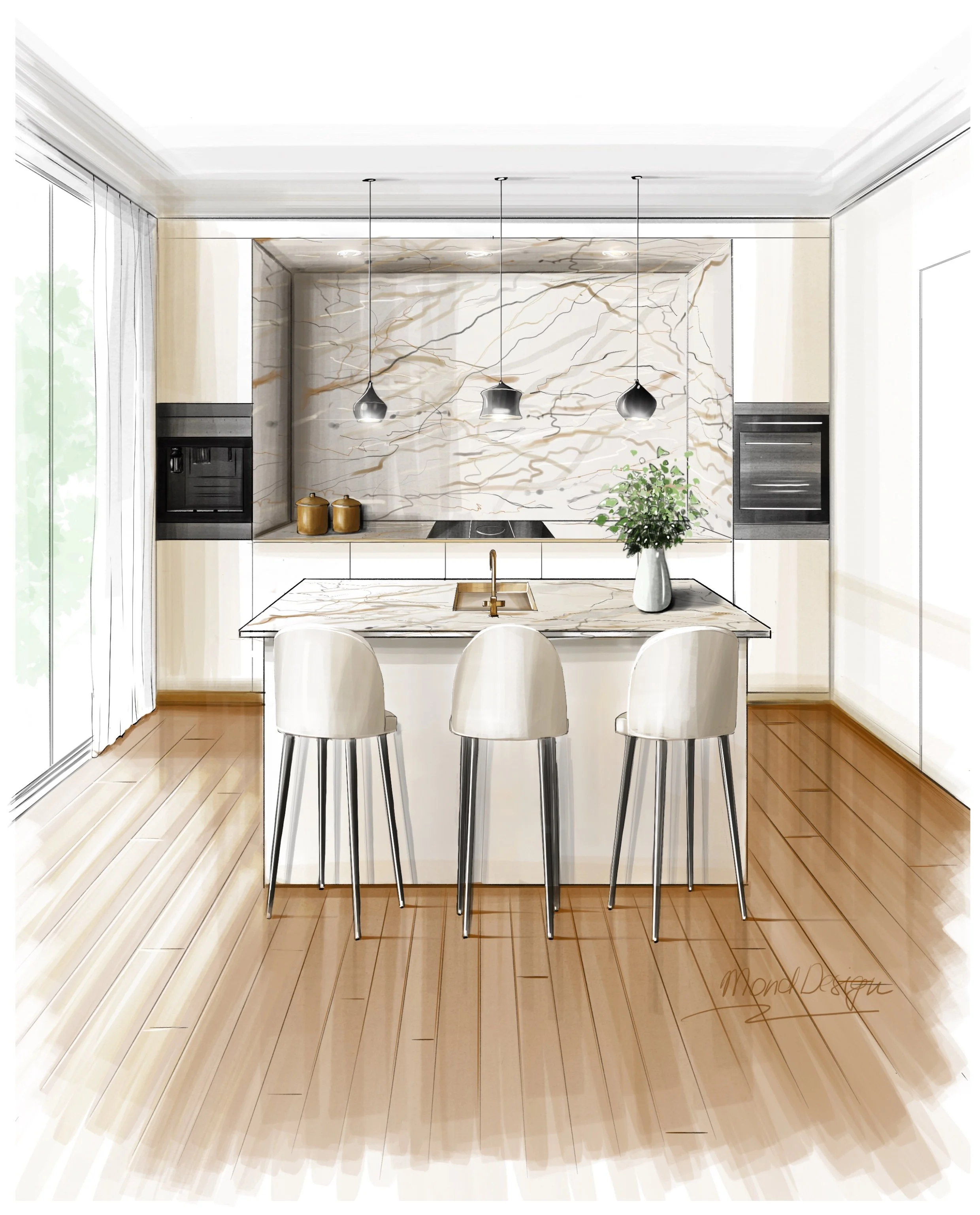 Modern kitchen interior design featuring a marble island, bar stools, pendant lighting, and wooden flooring. Created by a South West London interior designer, specialising in contemporary kitchen design, bespoke home interiors, and stylish renovation