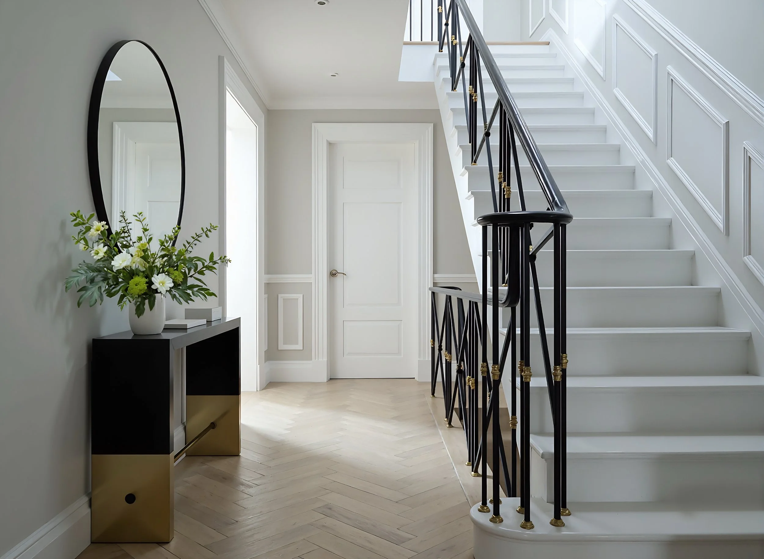 Elegant staircase in Kensington featuring a sleek dark handrail, stylish steps, and contemporary finishes. A sophisticated architectural feature that enhances the home’s interior design.