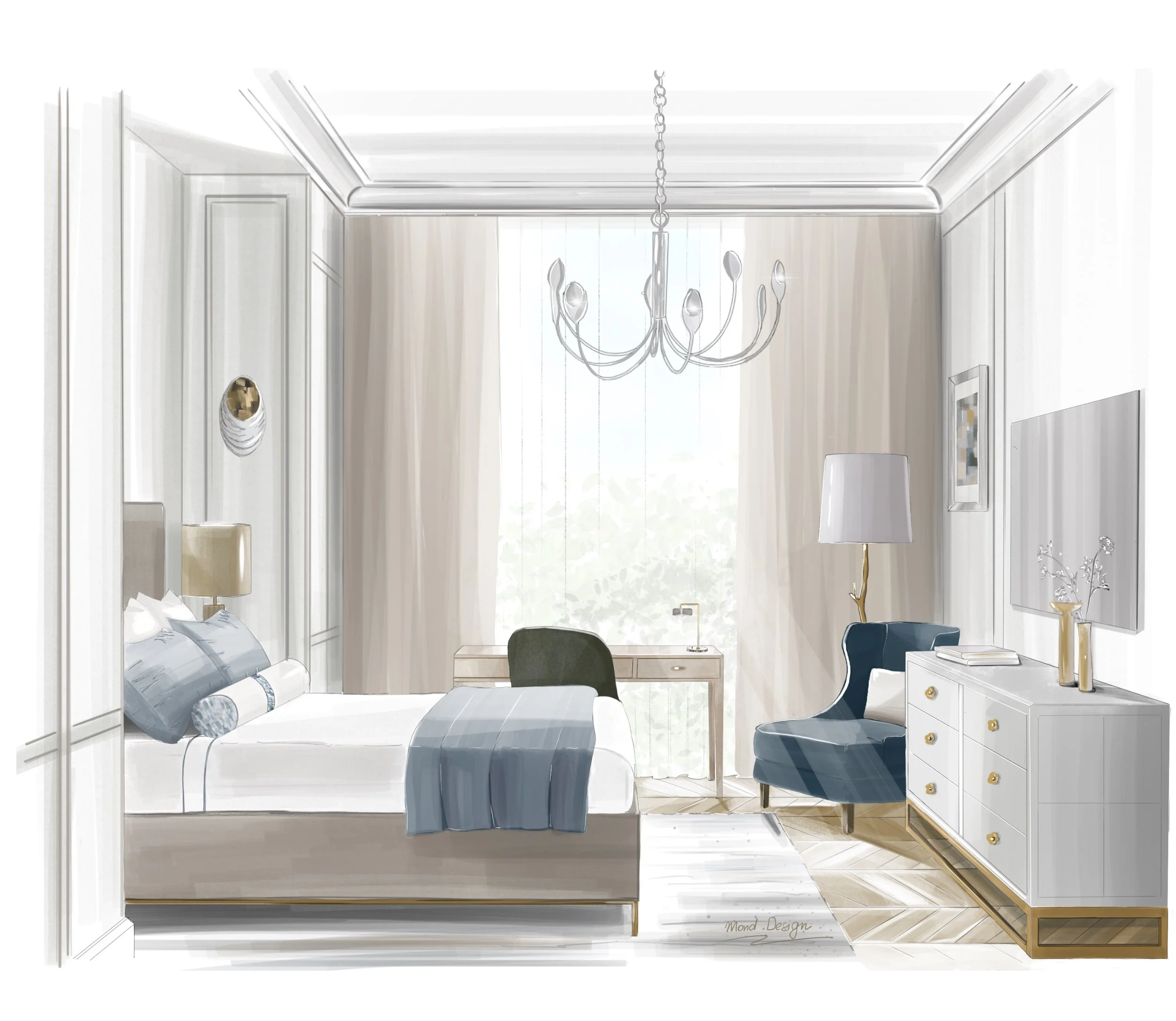 Kensington bedroom concept sketch, interior design by Mond Design Interiors