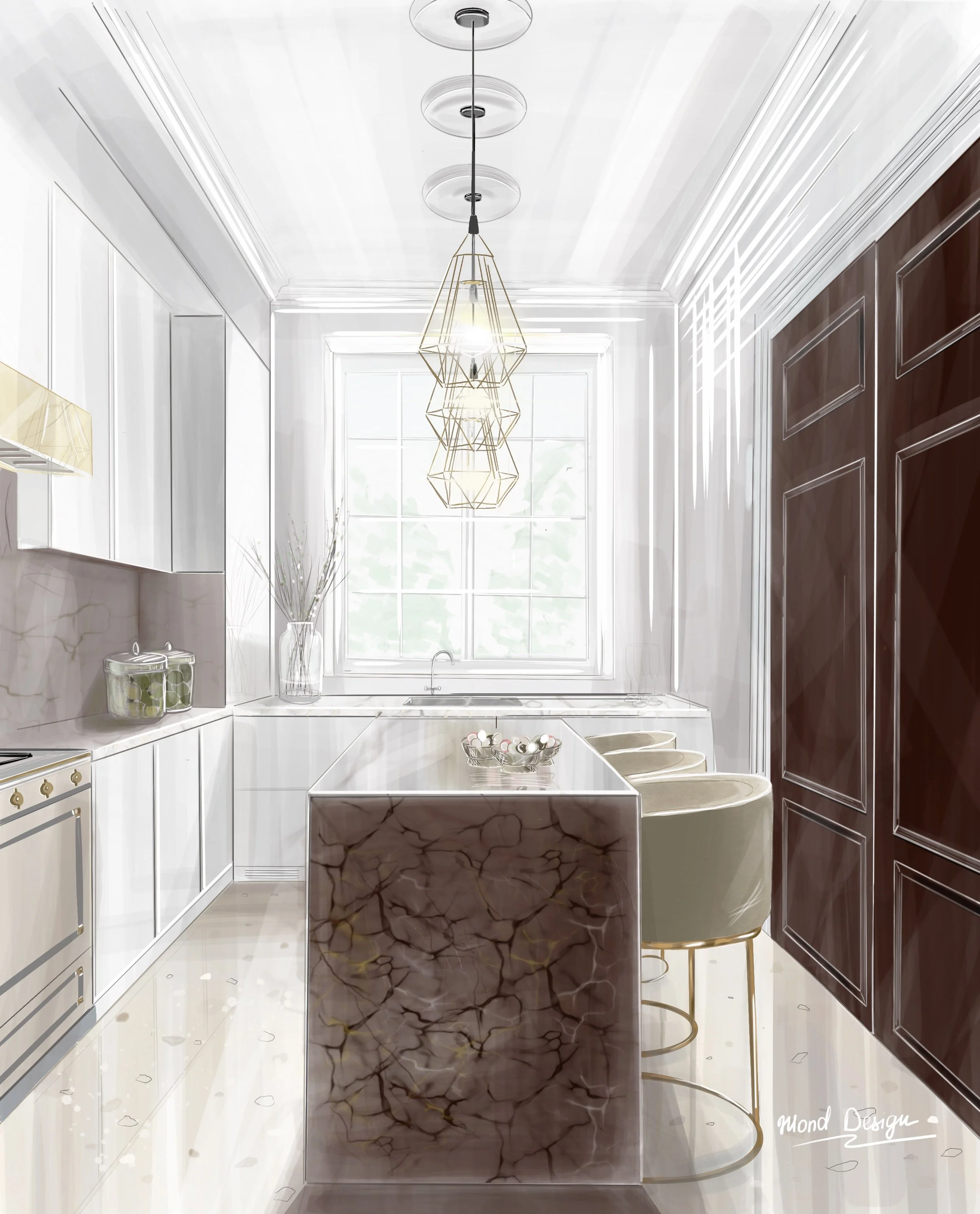 Kensington kitchen concept sketch, marble island by Mond Design Interiors