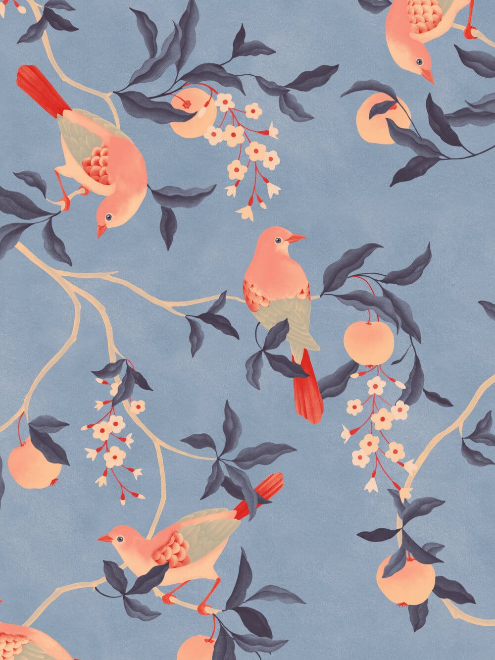 Chirping birds on fruity twigs blue Stina Olby 1000 px.jpg