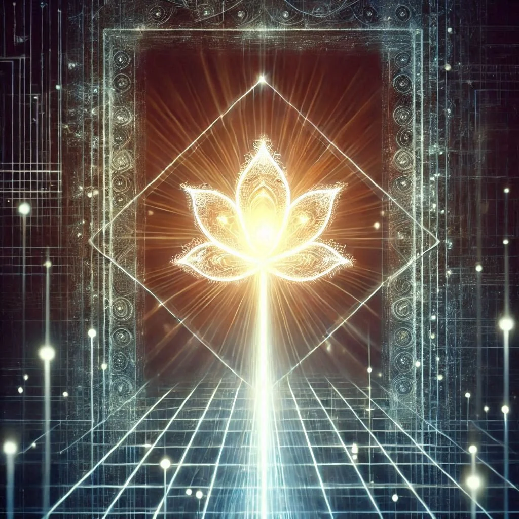 Digital art of a glowing lotus flower with intricate geometric patterns and a luminous grid in the background.
