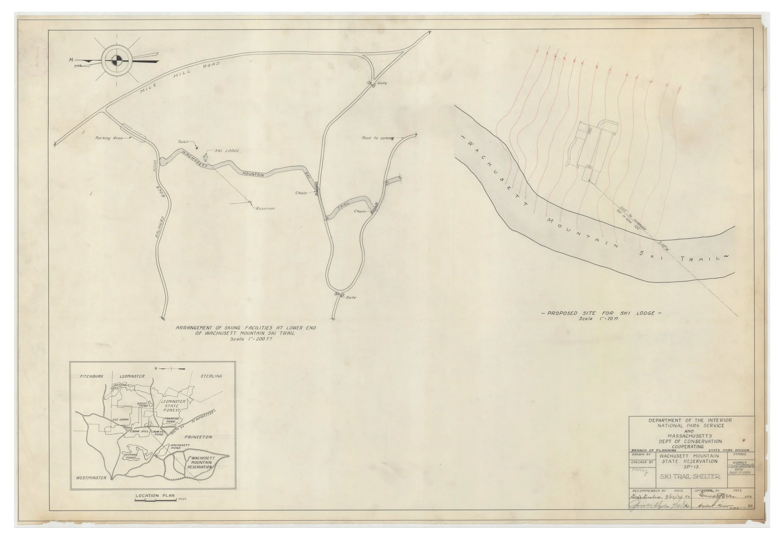 A detailed map or blueprint showing the arrangement of skiing facilities at the lower end of Wachusett Mountain Ski Trail, including parking areas, ski lodge, reservoir, chain sections, and proposed site for a ski lodge with some topographical lines and labels.