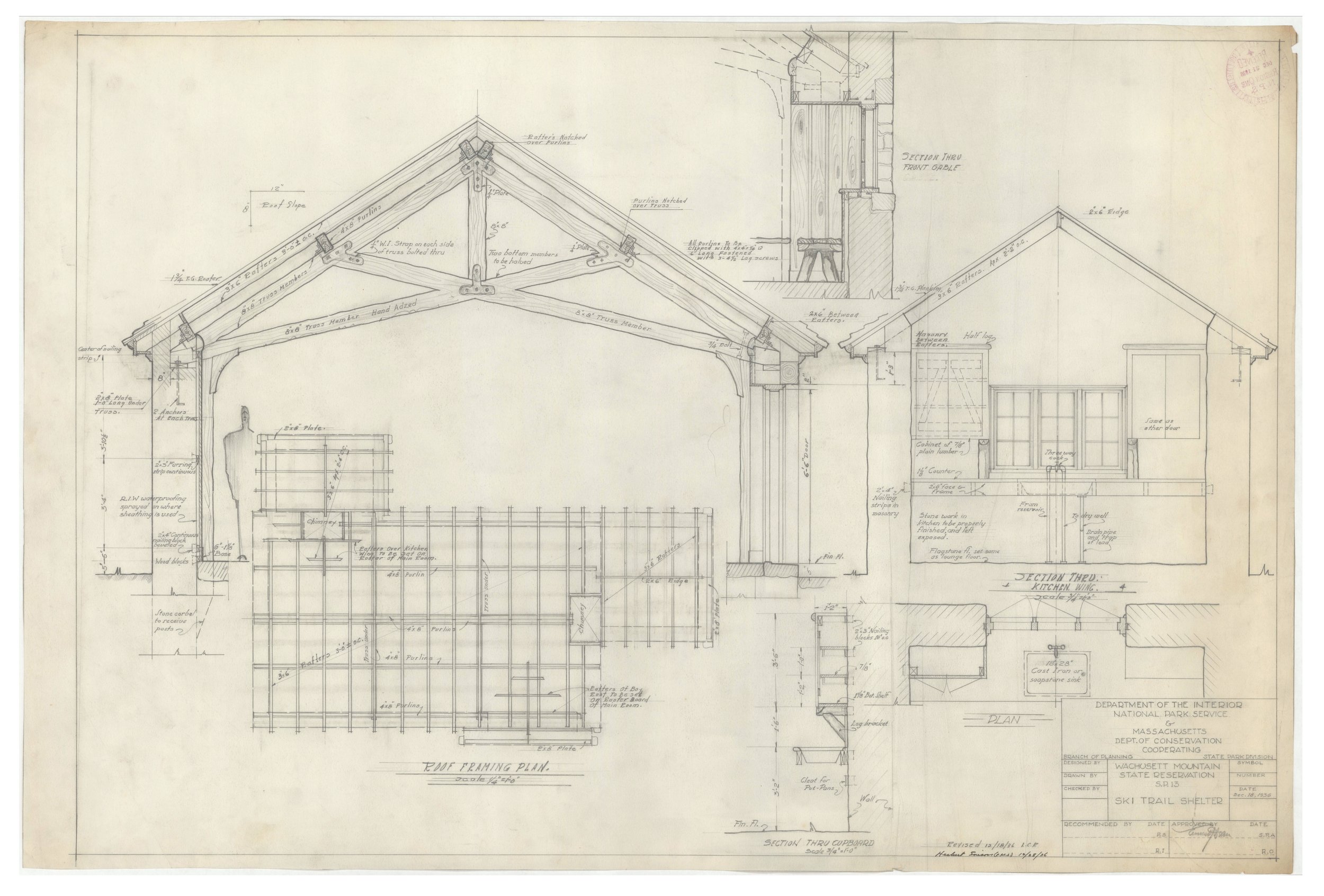 A detailed architectural blueprint of a building's roof structure, featuring roof slopes, truss members, and various construction notes.
