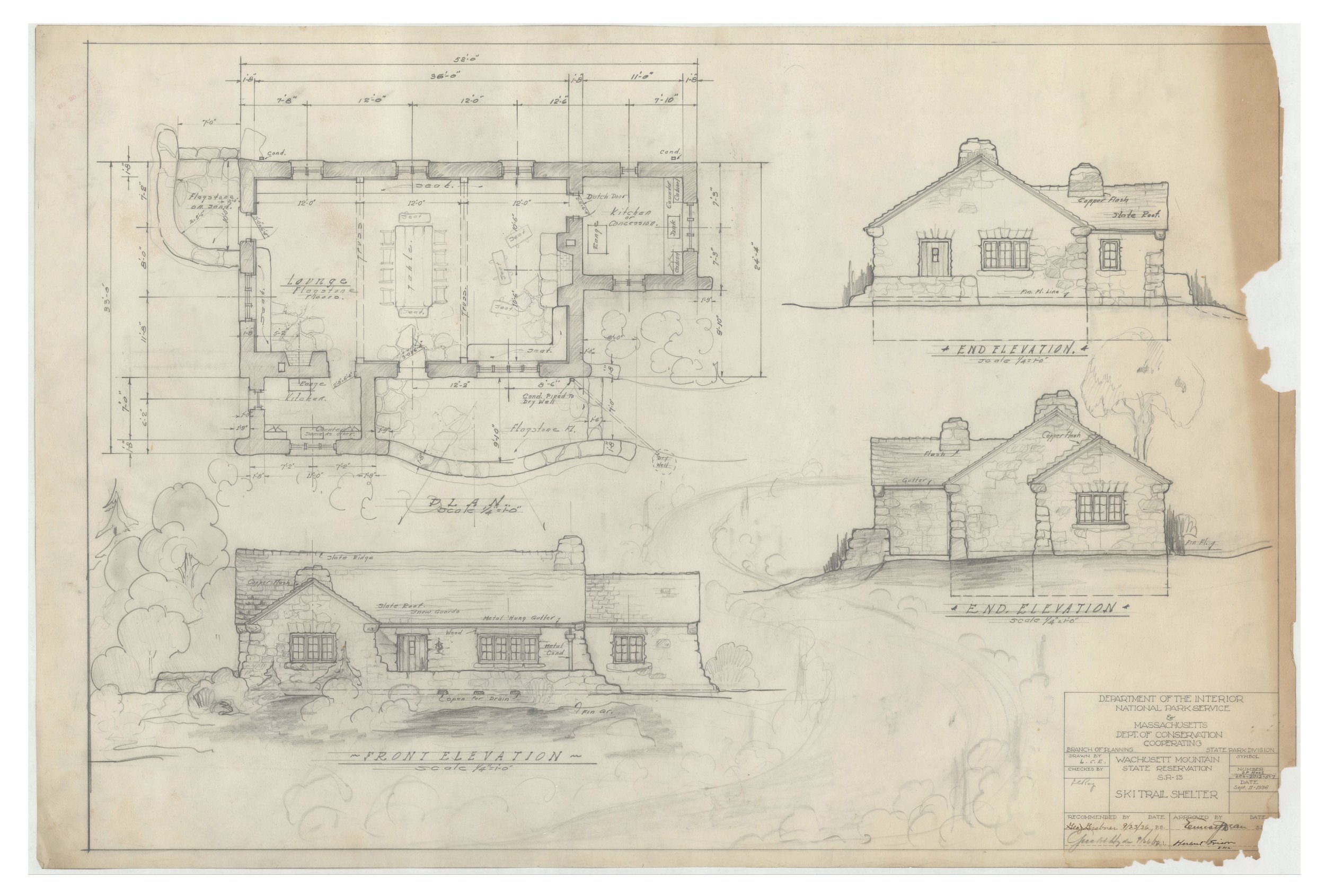 Hand-drawn architectural blueprints of a house, showing front and end elevations and a floor plan, with detailed measurements and notes.