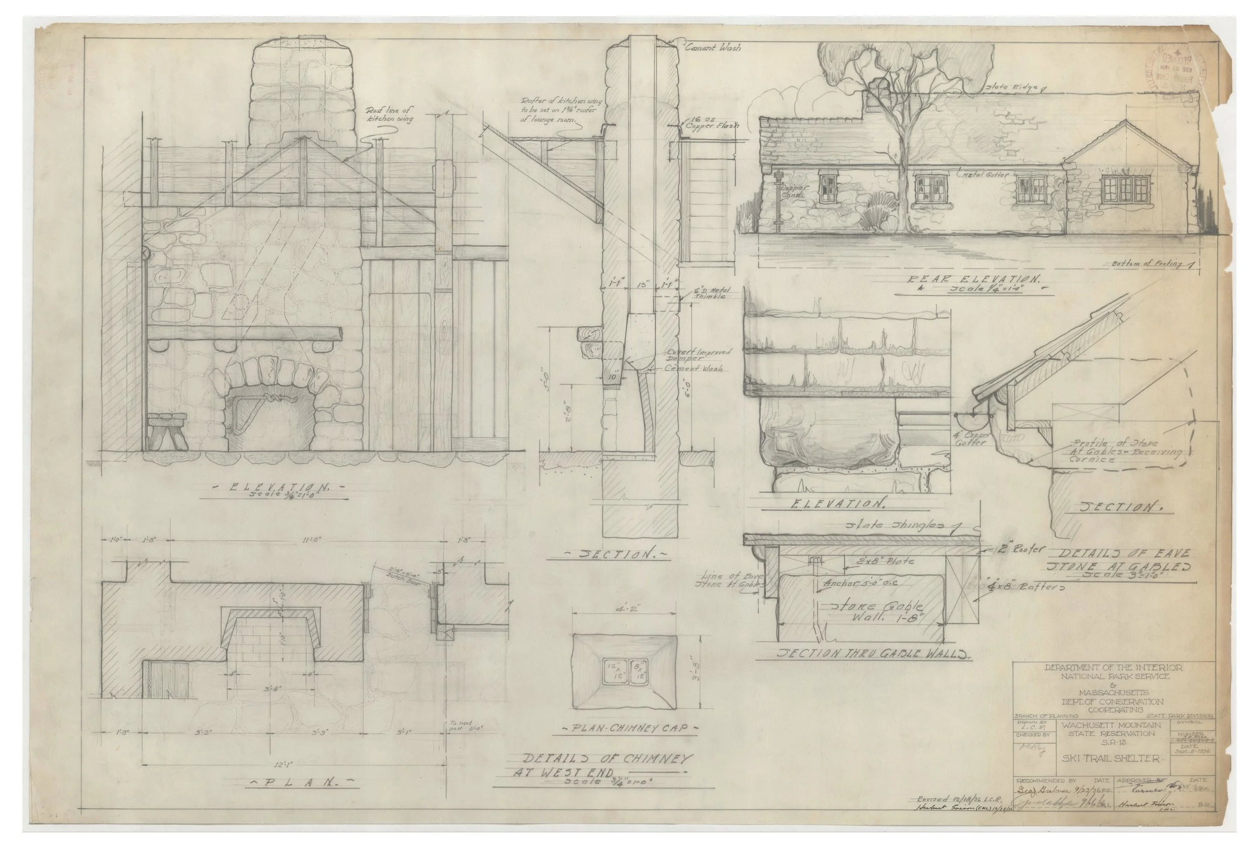 Architectural blueprint of a building showing elevations, sections, and detailed views of chimneys, walls, and roof structures with handwritten notes and measurements.