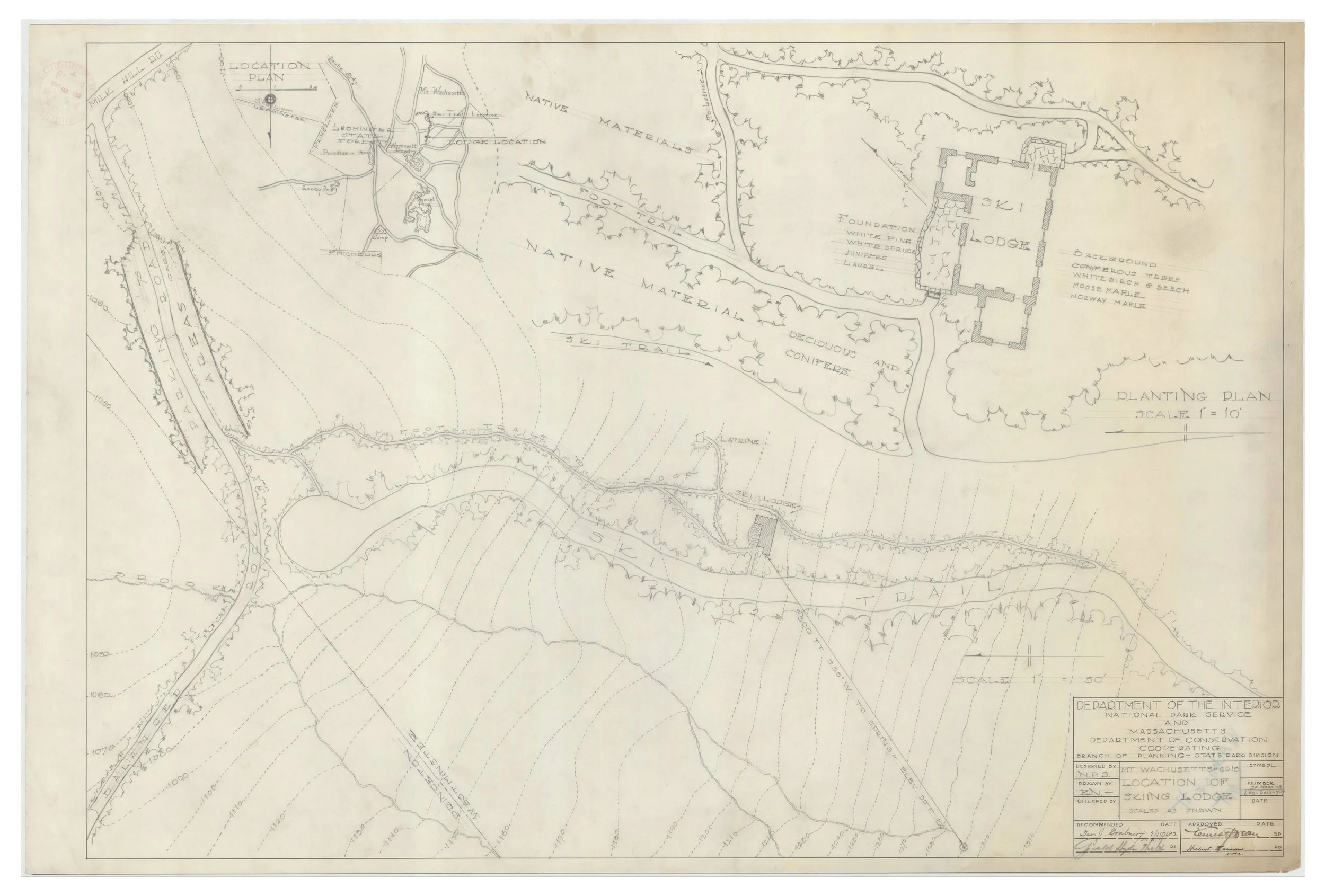 A detailed historical or land-use planning map with sketches of natural materials, trees, and structures, including labels, scales, and annotations.