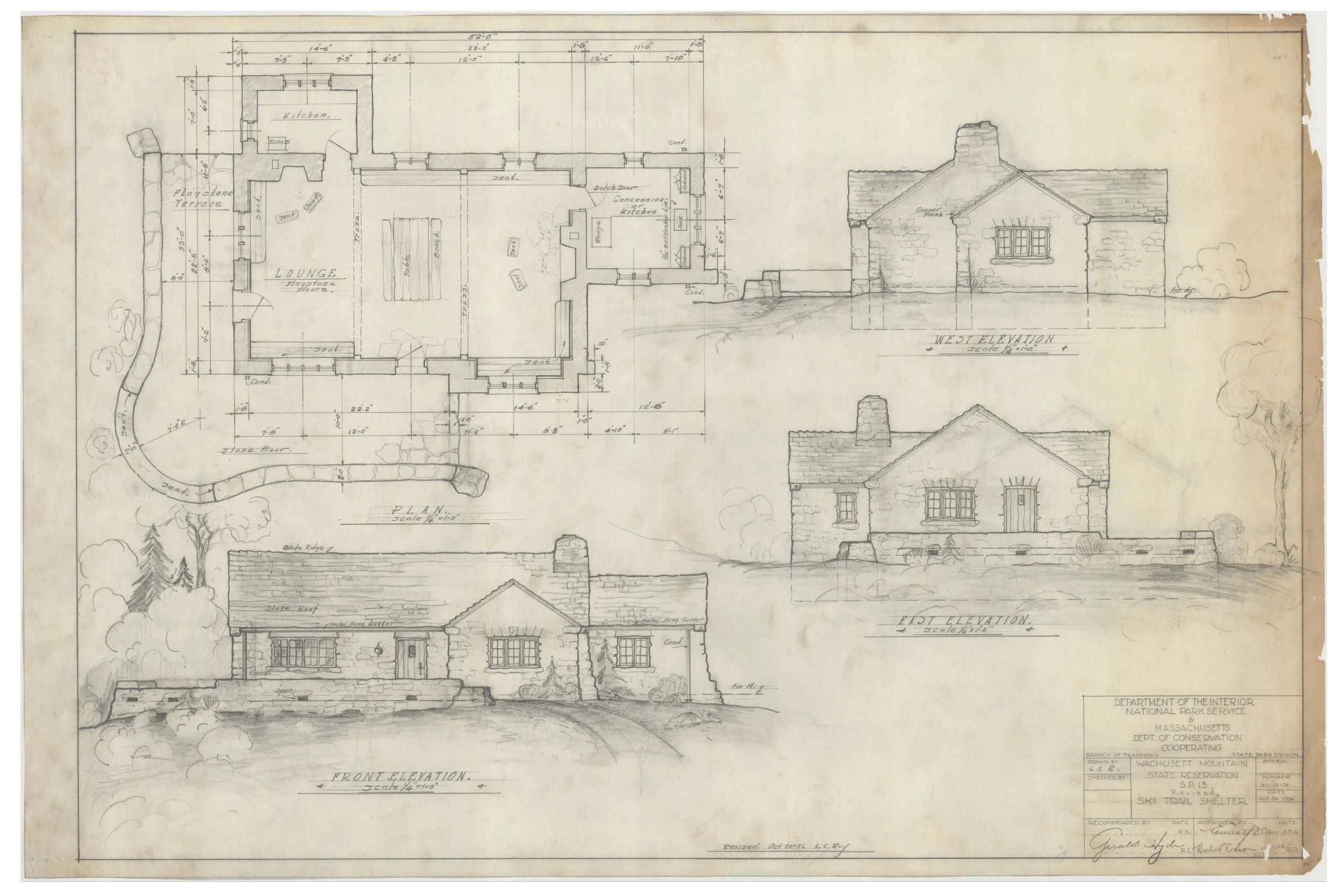 Detailed architectural blueprint drawing of a house, including front and west elevation views and a plan view, with scale measurements and annotations.
