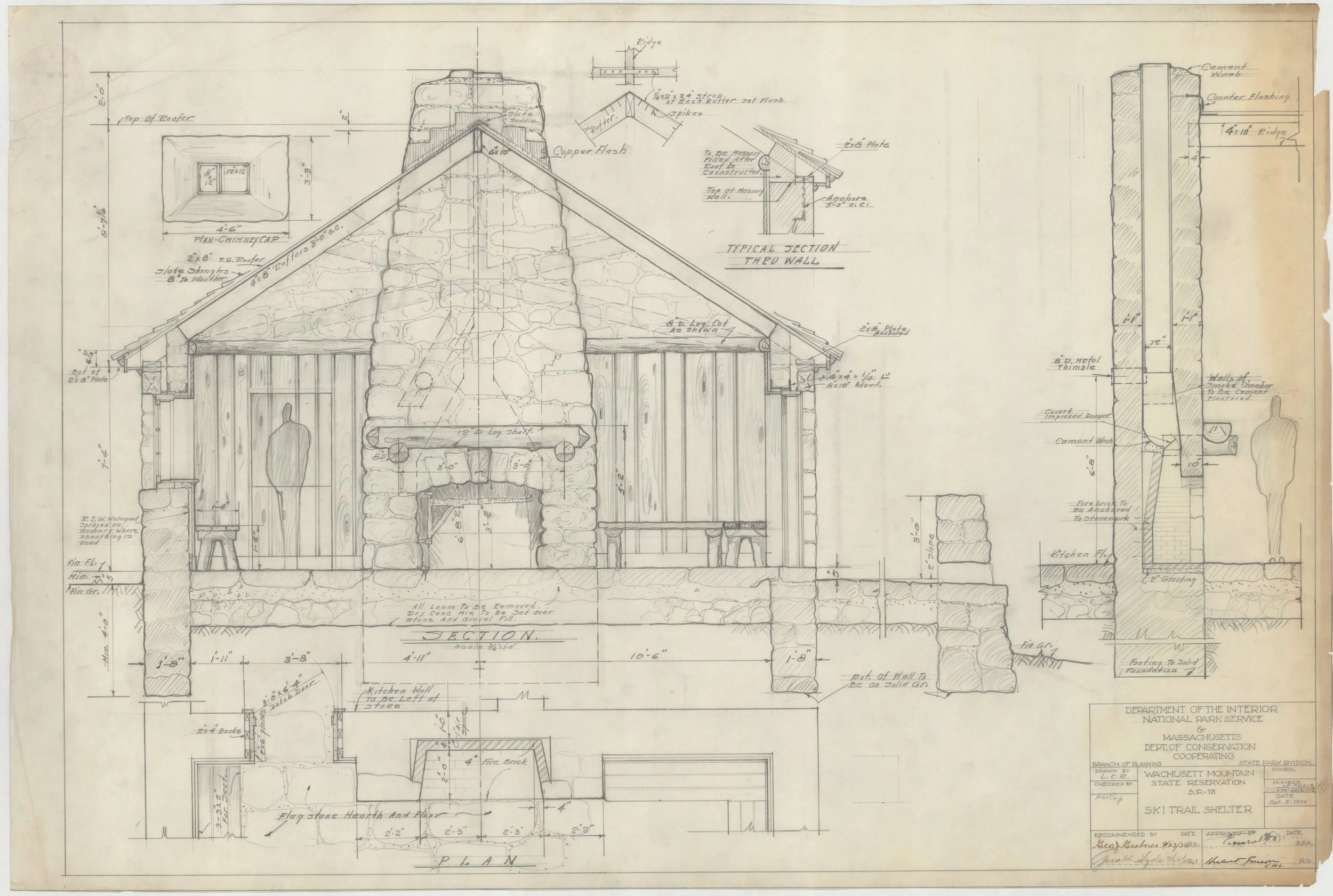 Architectural blueprint drawing of a stone fireplace with detailed measurements and construction notes, created by the Department of the Interior, National Park Service, Massachusetts.