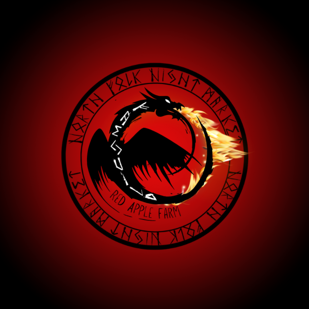 A circular emblem featuring a black dragon breathing fire, with red, black, and orange colors. The text around the circle reads 'NORTH FOLK NIGHT MARKET' and 'RED APPLE FARM' is written at the bottom.