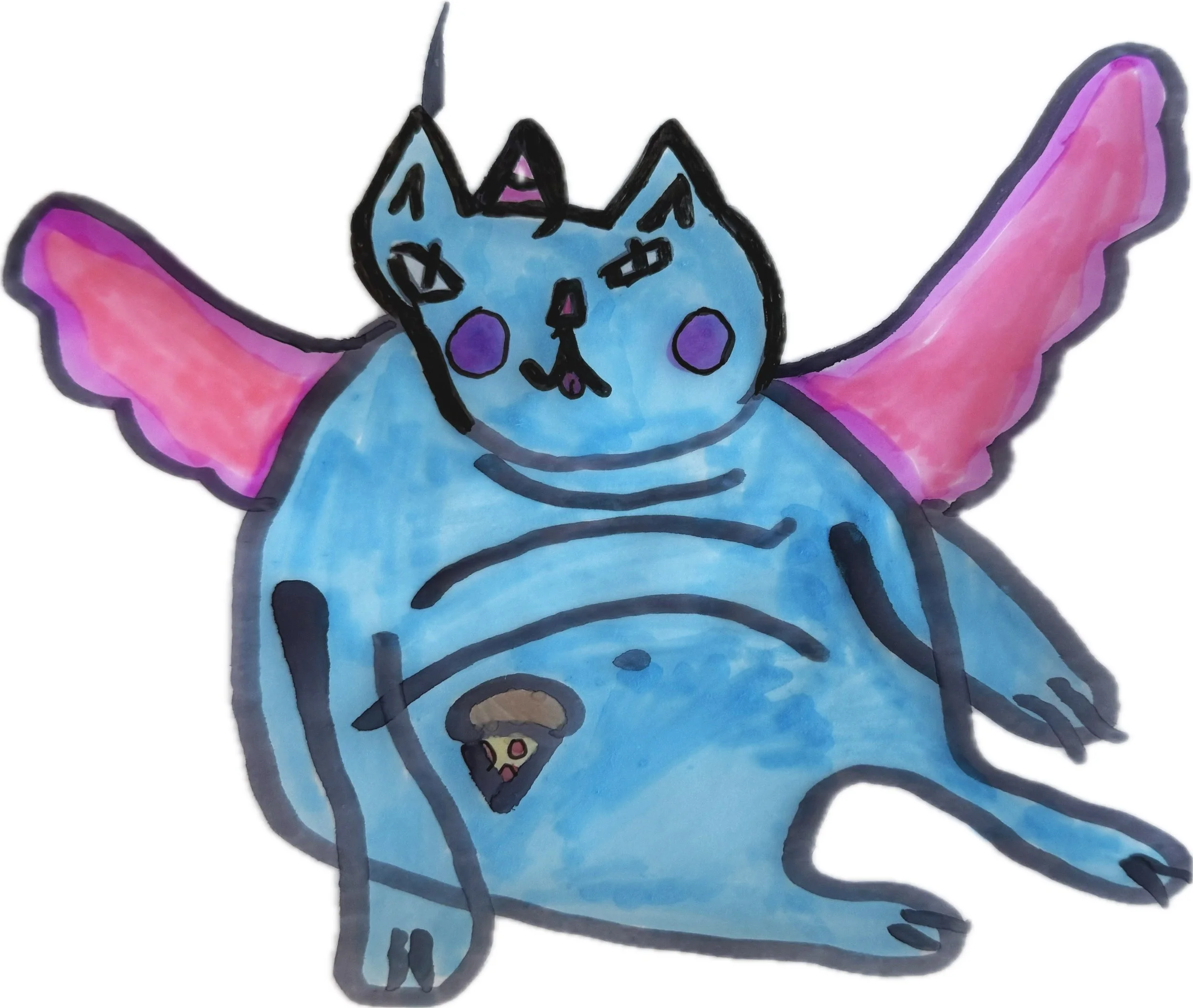 Illustration of a whimsical blue cat with a unicorn horn and pink wings, sitting with a small pizza image on its body.