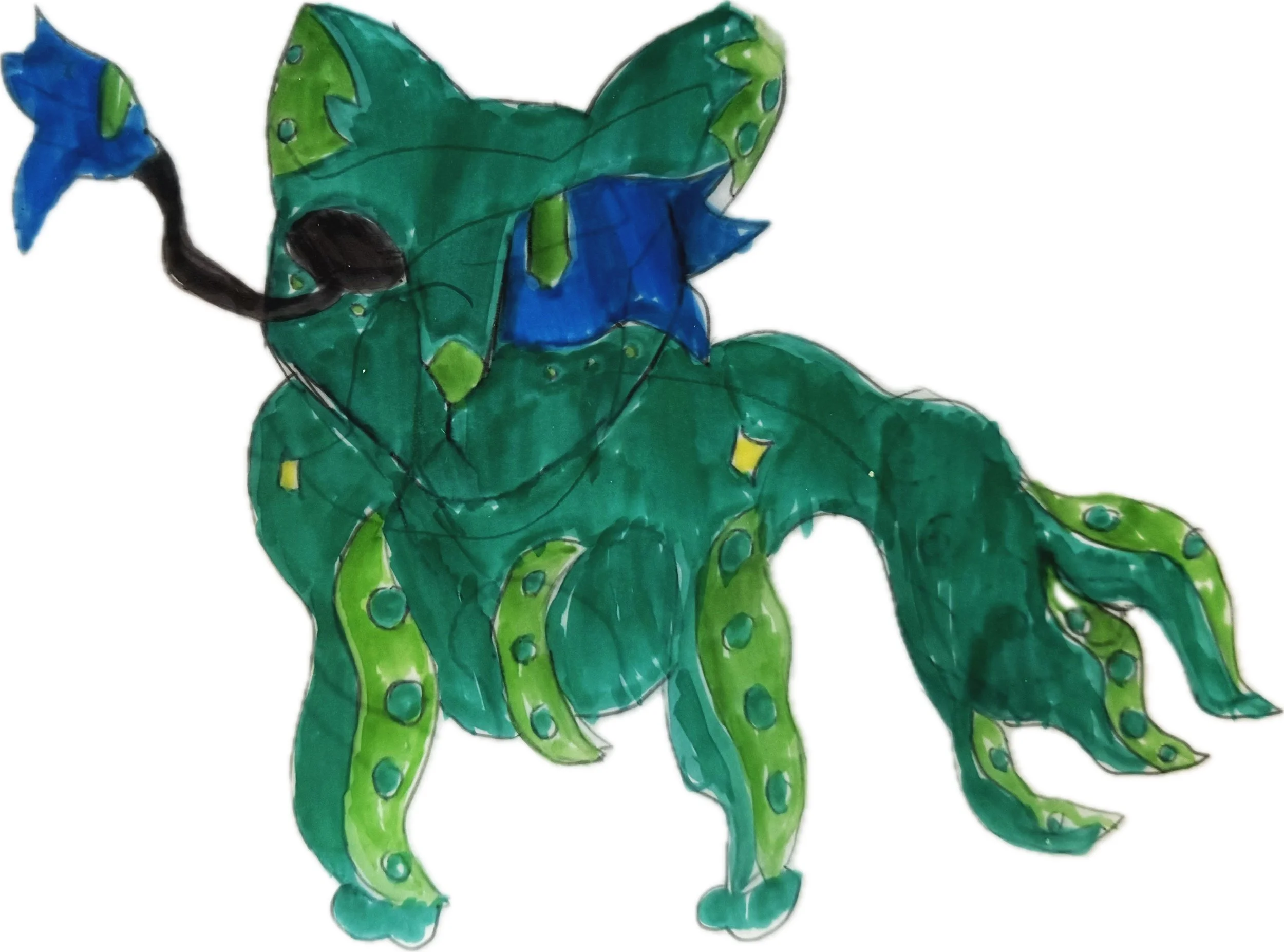 Colorful drawing of a green cat-like creature with tentacles and a leaf-like tail.