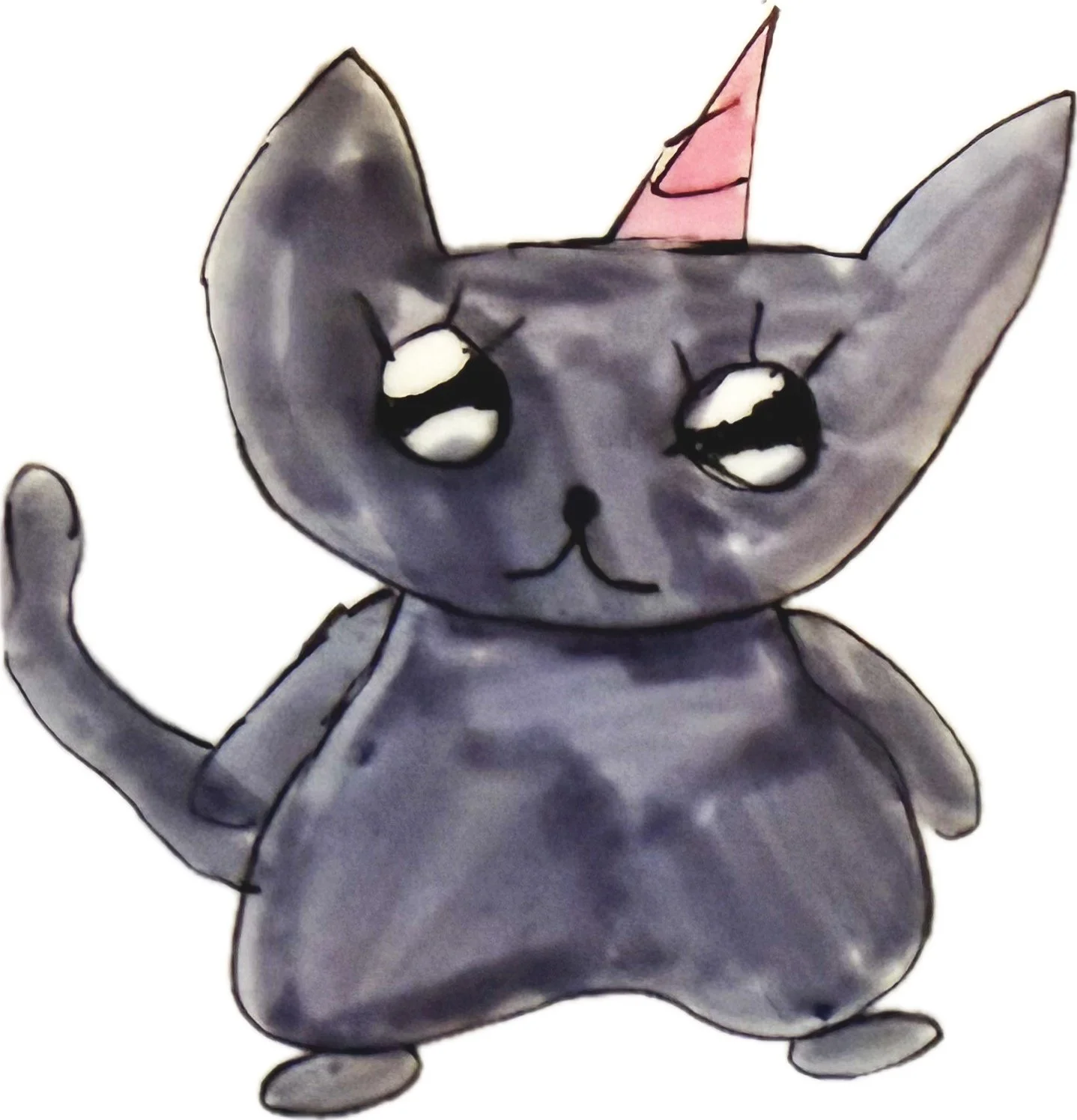 Cartoon drawing of a cute gray cat with a pink party hat, large eyes, and a simple expression.