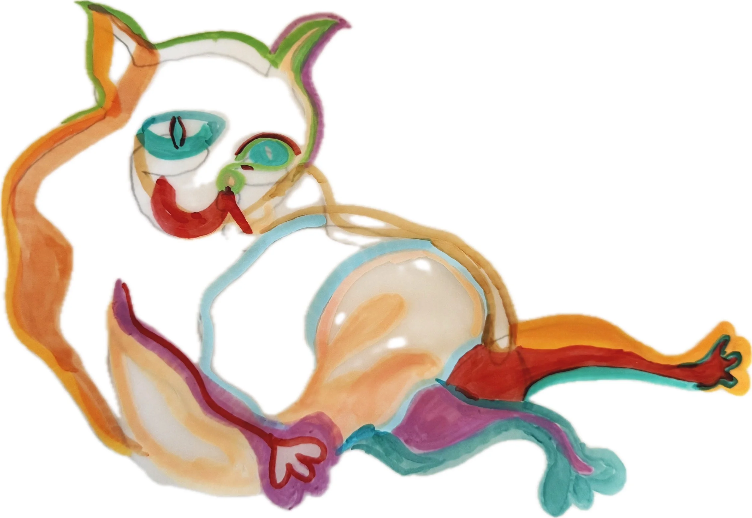Abstract colorful cat with exaggerated limbs and features, outlined in watercolor shades of orange, green, and purple, on a white background.