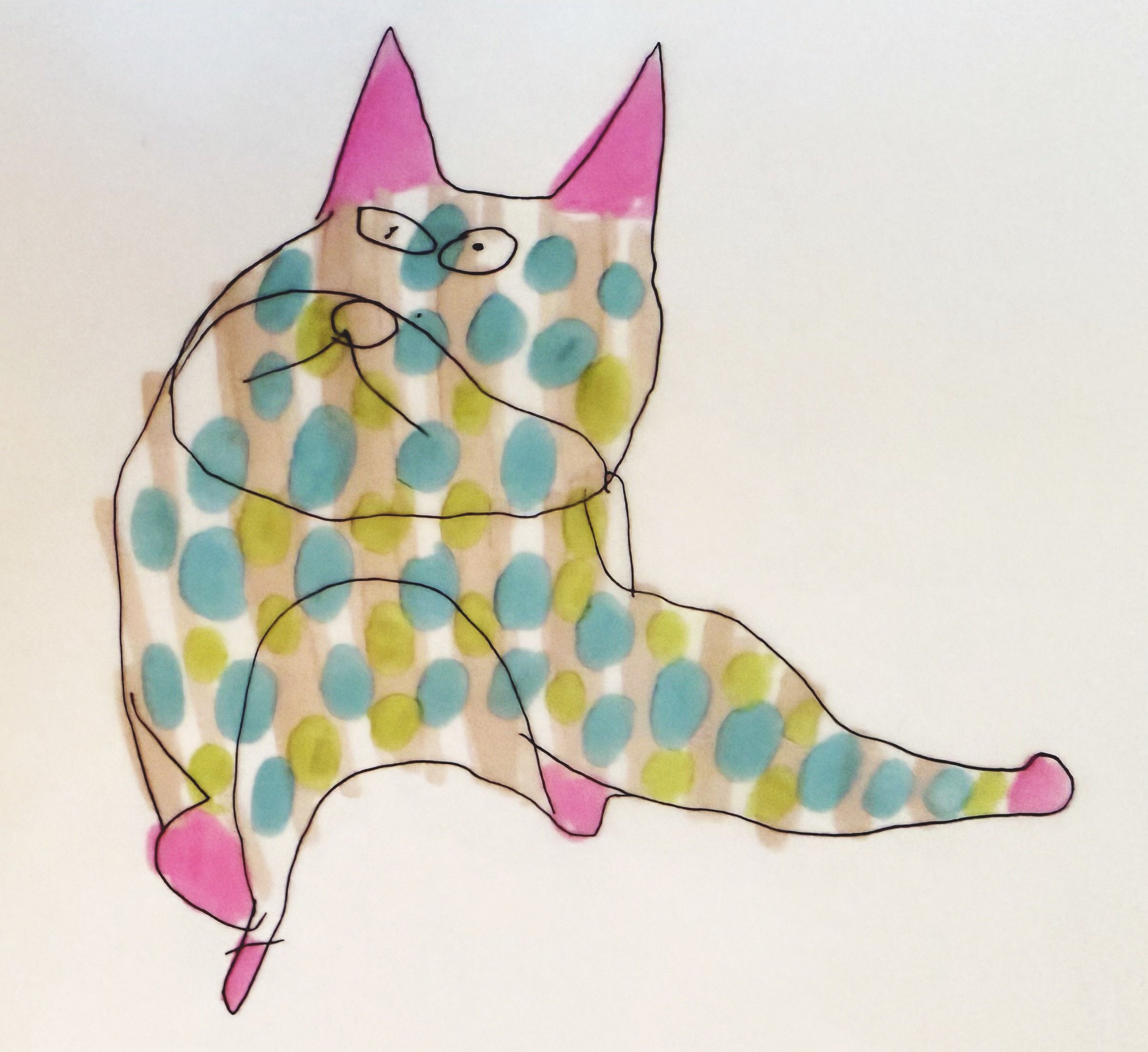 A whimsical illustration of a cat with blue and green polka dots and pink ears and paws against a white background.