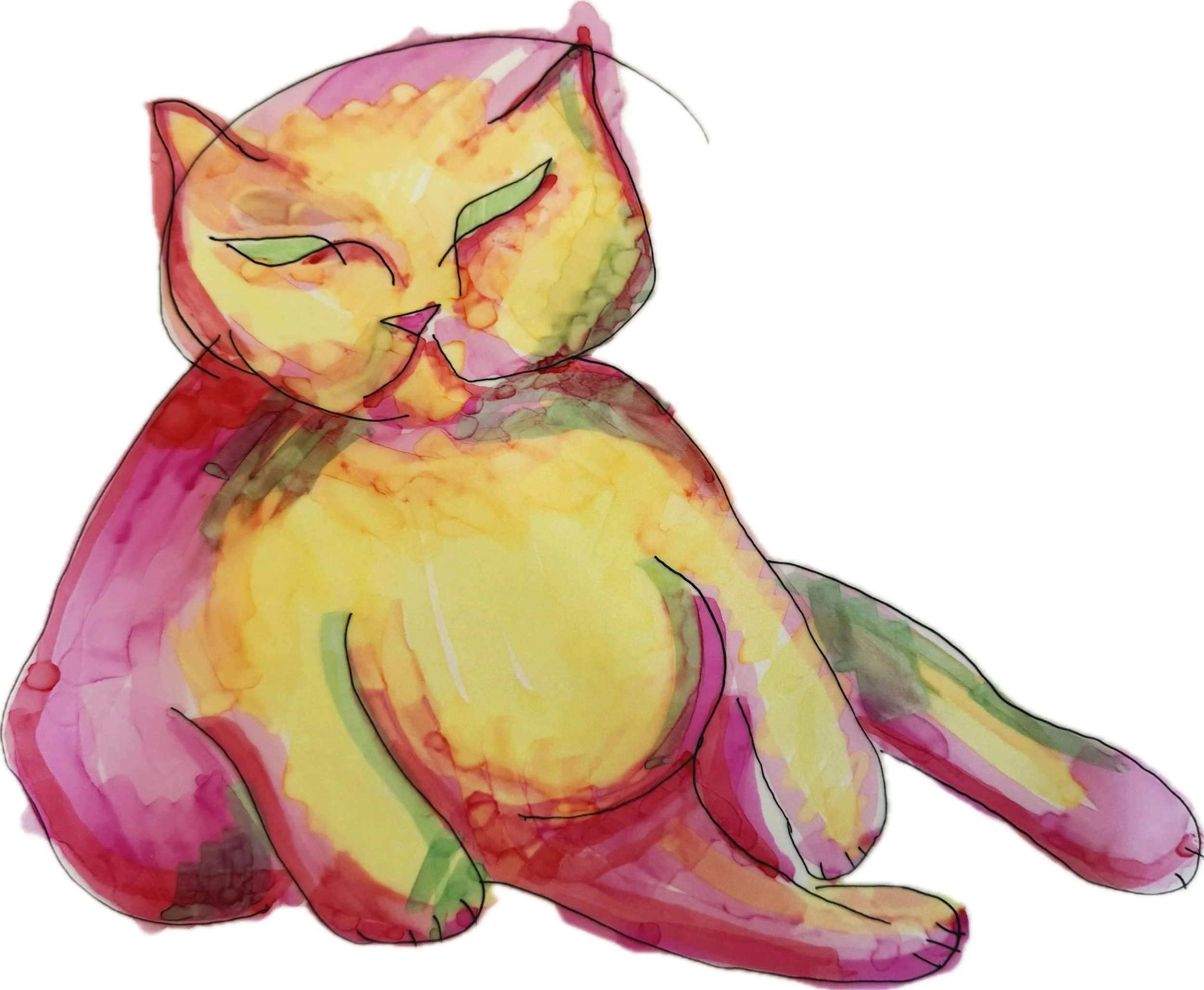 Colorful abstract painting of a cat with pink, yellow, and green hues.
