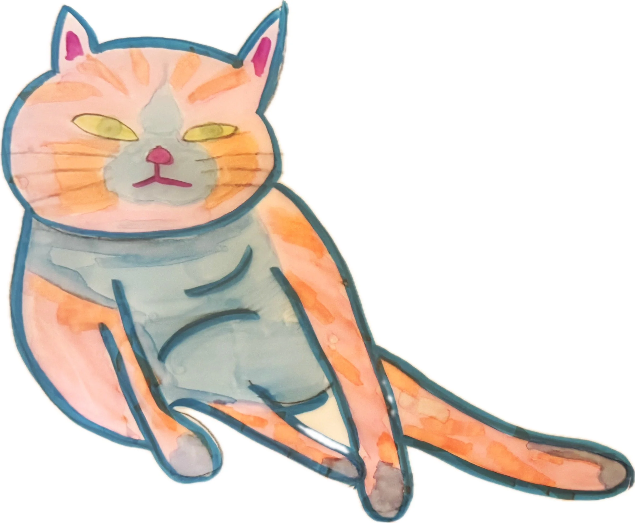 Illustration of a relaxed cartoon cat with orange and grayish-blue colors, sitting in a laid-back pose.