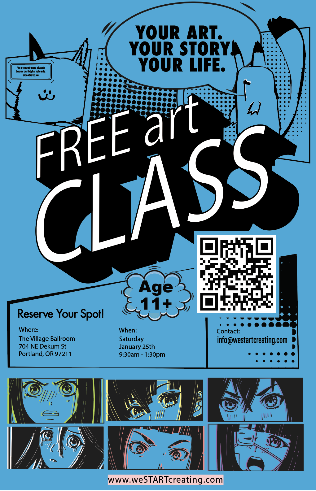 Flyer advertising a free art class for ages 11 and up, featuring cartoon graphics and speech bubbles. Includes location details for The Village Ballroom in Portland, OR, date January 25th, time from 9:30am to 1:30pm, and contact information with a QR code.